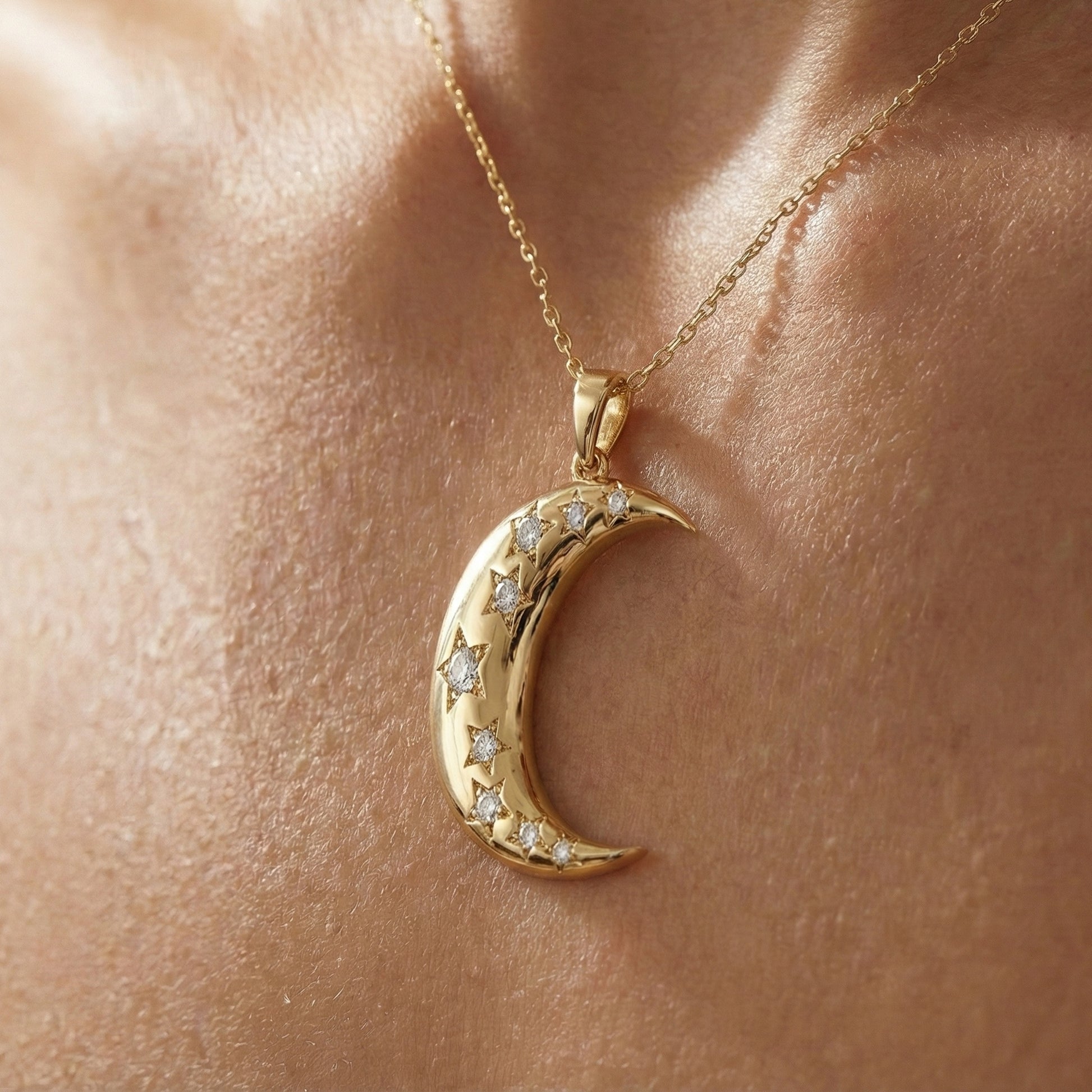 Celestial Crescent Moon Charm with Star Accents Wedding Pendant in Lab Grown Diamond-14k Solid Gold, Bridal Jewelry for Her