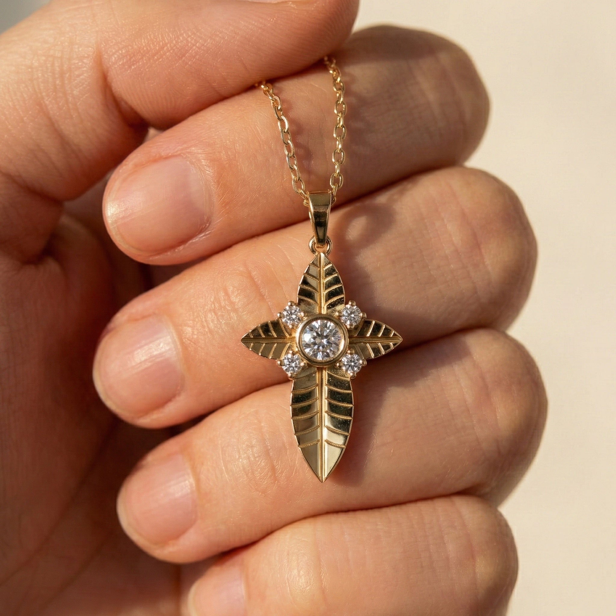 Elegant Botanical Cross Pendant in 14k Solid Gold, 0.39 TCW Round Cut lab Diamonds, Gift for Her, Bridal Jewelry