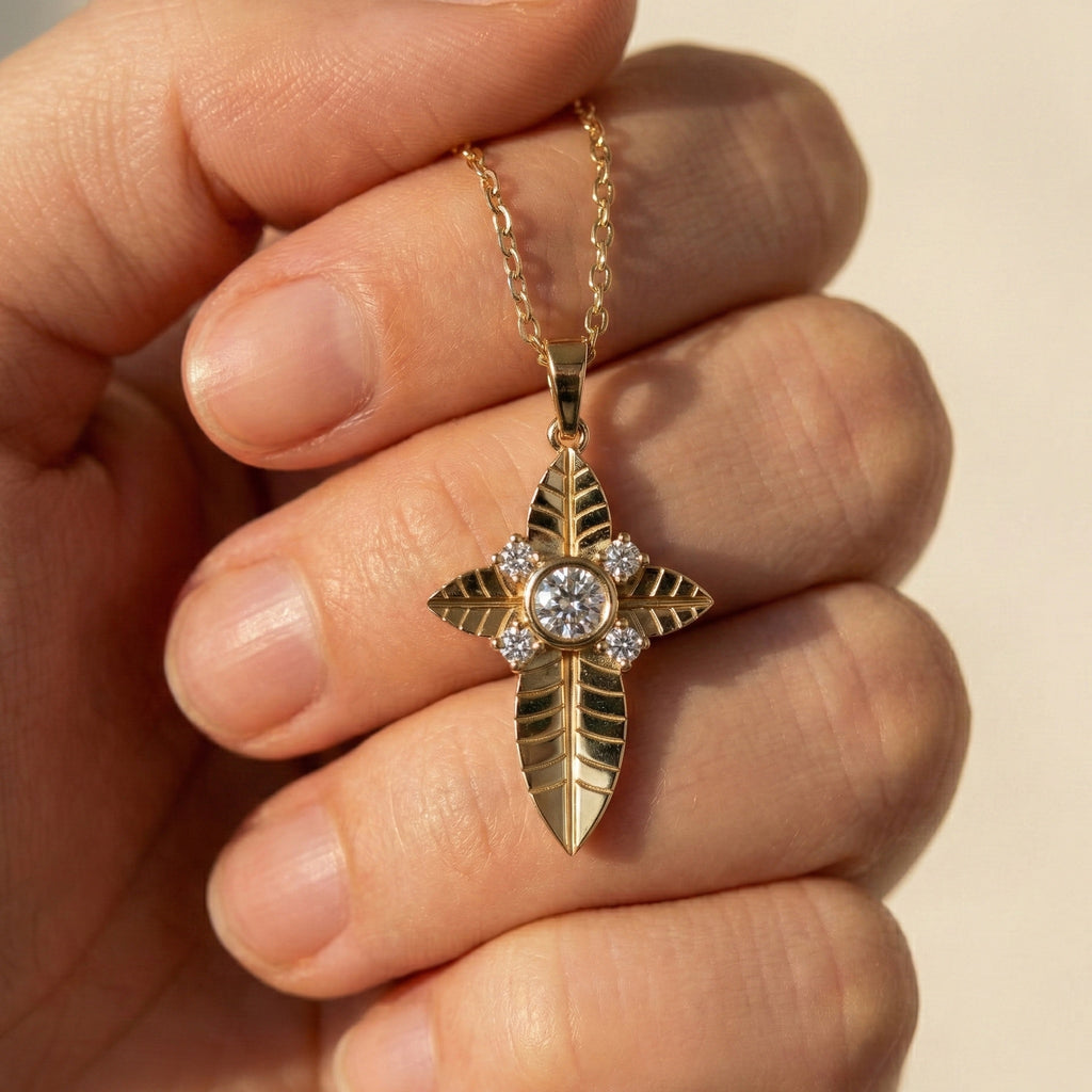Elegant Botanical Cross Pendant in 14k Solid Gold, 0.39 TCW Round Cut lab Diamonds, Gift for Her, Bridal Jewelry