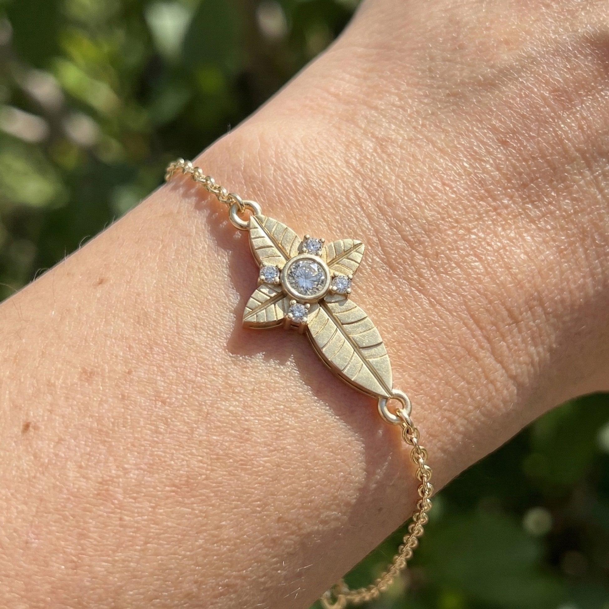Nature Leaf Cross Charm Bracelet in 14k Solid Gold, 0.20 TCW Round Cut Lab Grown Diamonds, Botanical Bracelet, Gift for Her, Wedding Jewelry