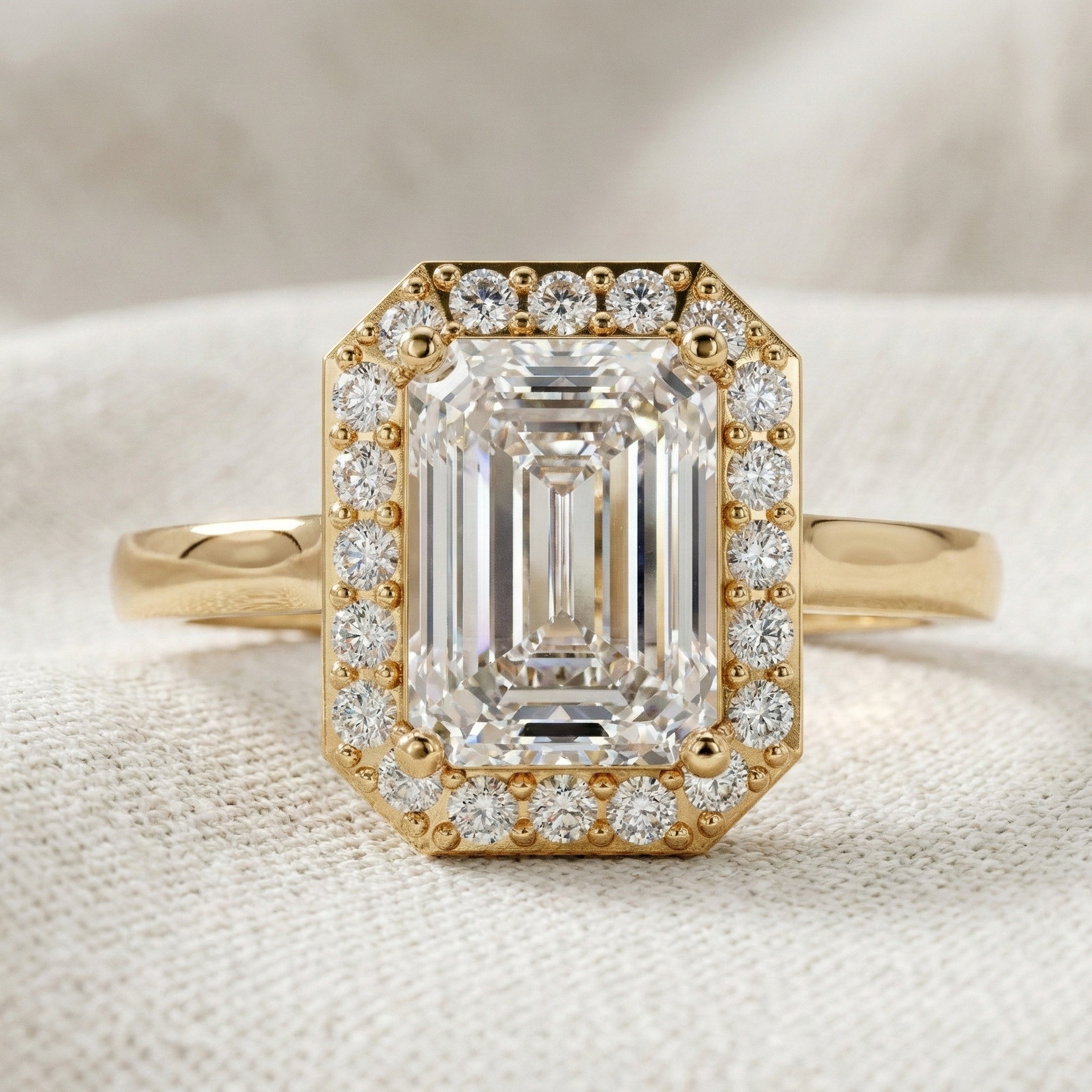Emerald Halo Art Deco Engagement Ring in Lab Diamond or Moissanite – Solid 9k/14k Gold or Sterling Silver Wedding Ring Gift for Wife, Anniversary GIft