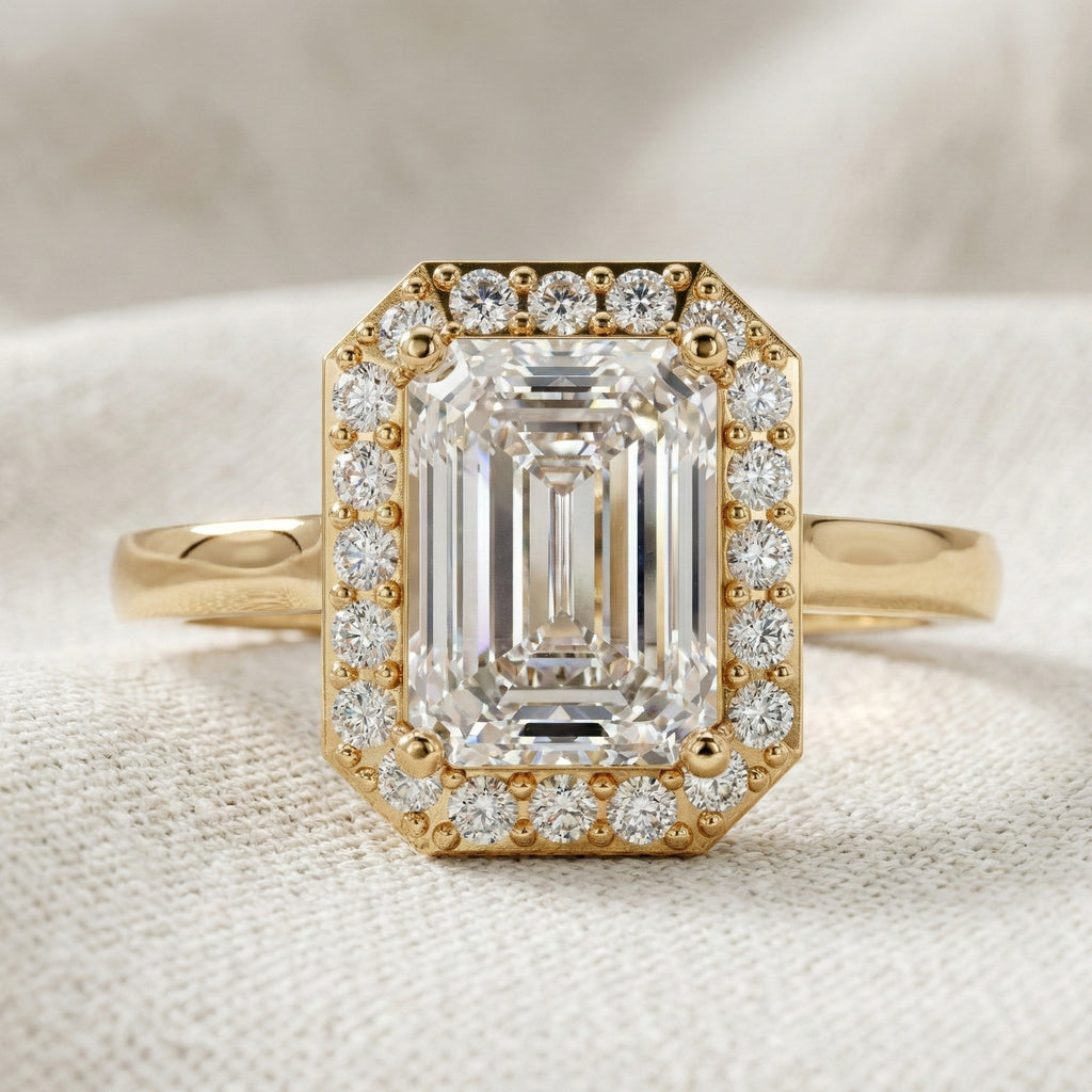 Emerald Halo Art Deco Engagement Ring in Lab Diamond or Moissanite – Solid 9k/14k Gold or Sterling Silver Wedding Ring Gift for Wife, Anniversary GIft