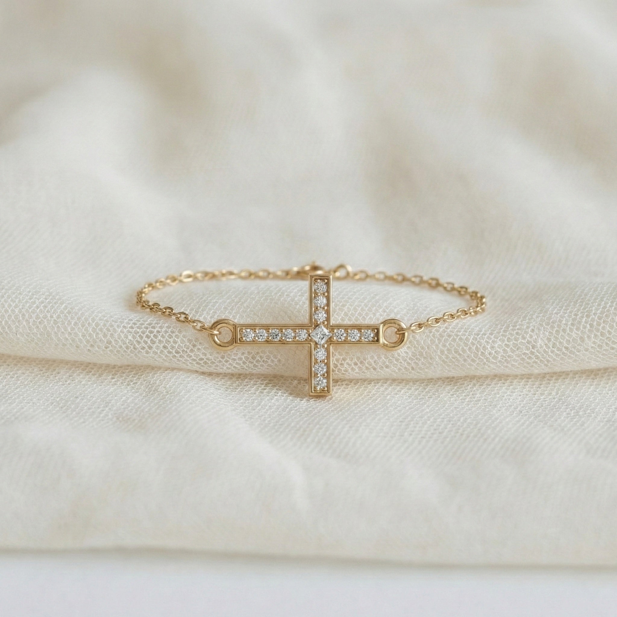 Horizontal Cross Dainty Chain Bracelet in 14k Solid Gold, 0.09 TCW Round Cut Lab Grown Diamonds, Promise Jewelry, Religious Gift for Wife
