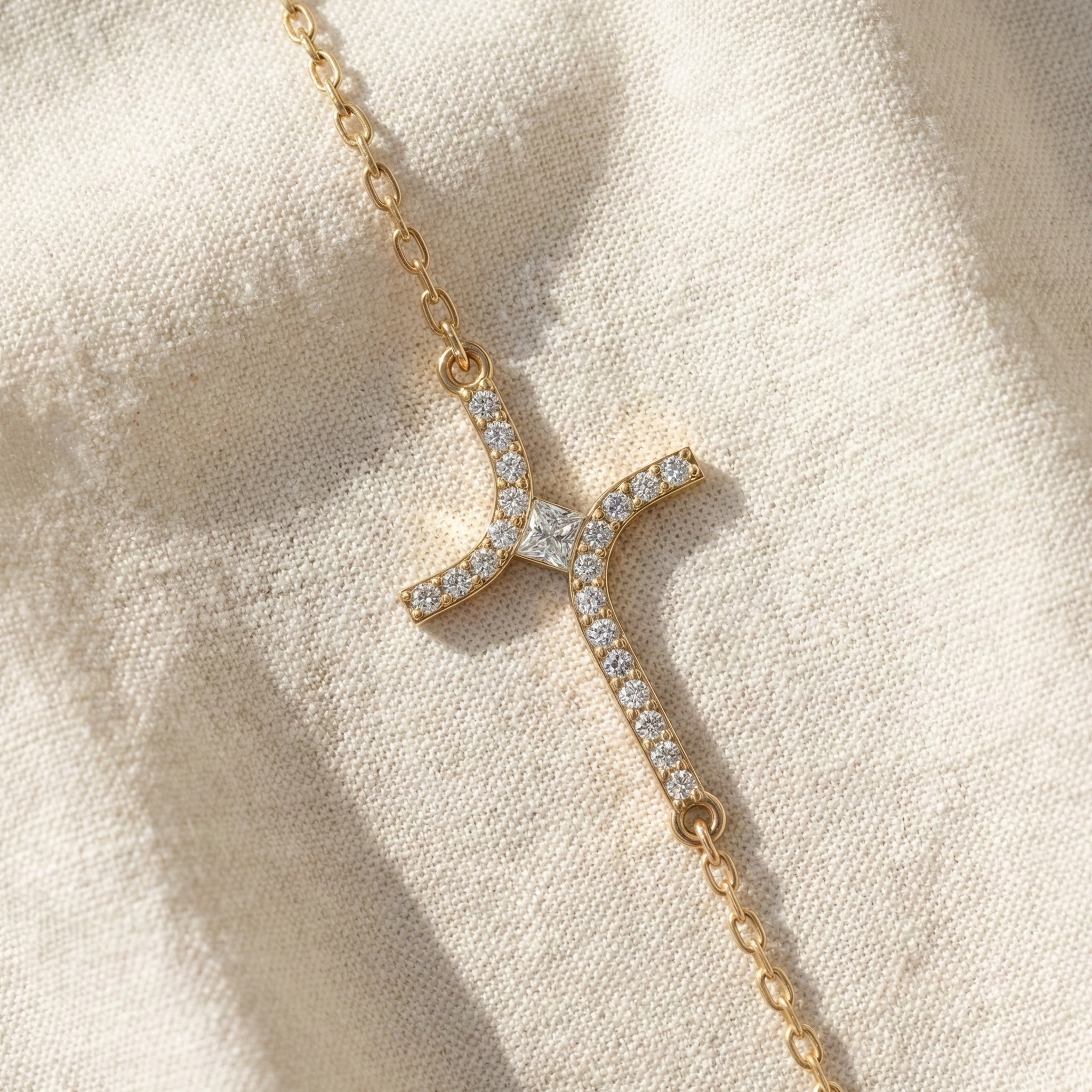 Dainty Arch Cross Chain Bracelet in 14K Solid Gold, 0.30 TCW Princess/Round Cut Lab Grown Diamonds, Fashion Bracelet, Anniversary Gift for Her