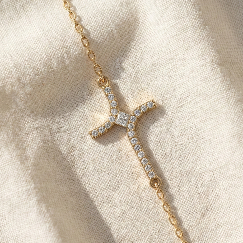 Dainty Arch Cross Chain Bracelet in 14K Solid Gold, 0.30 TCW Princess/Round Cut Lab Grown Diamonds, Fashion Bracelet, Anniversary Gift for Her
