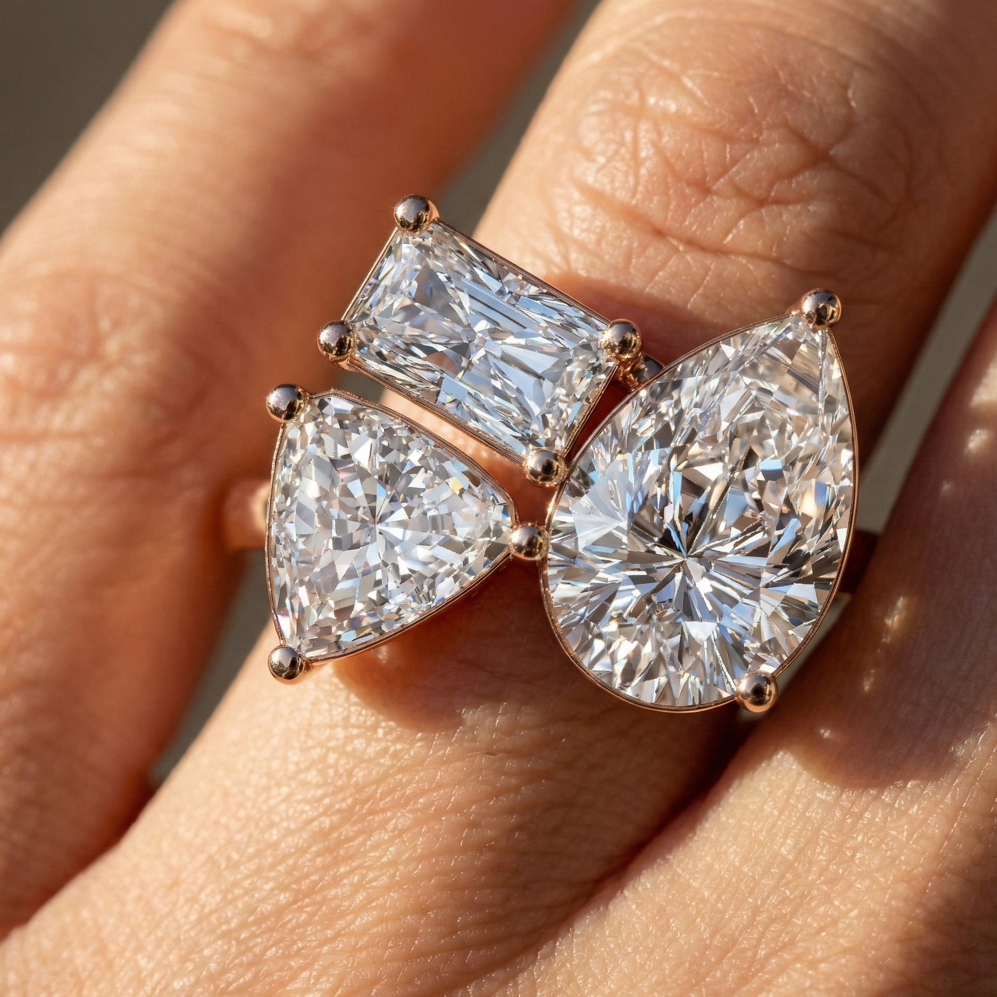 Three Stone Engagement Ring in 14K Solid Gold, 1.92 TCW Trillion/Radiant/Pear Cut Lab Grown Diamonds, Bridal Jewelry for Women, Handmade Jewelry