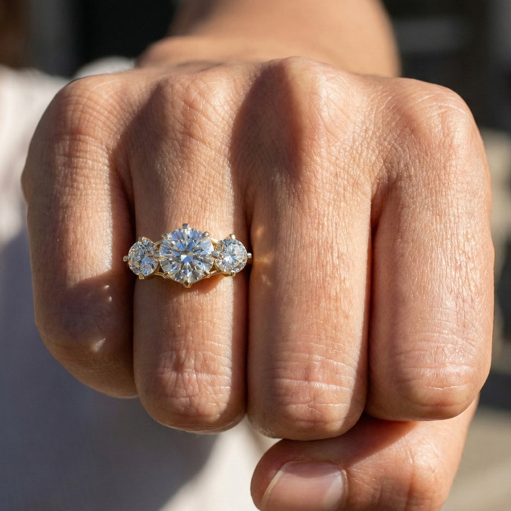 Classic Three Stone Ring with Round Cut Trio in Moissanite or Lab Grown Diamond – 9k/14k Solid Gold or Sterling Silver Engagement Ring Gift