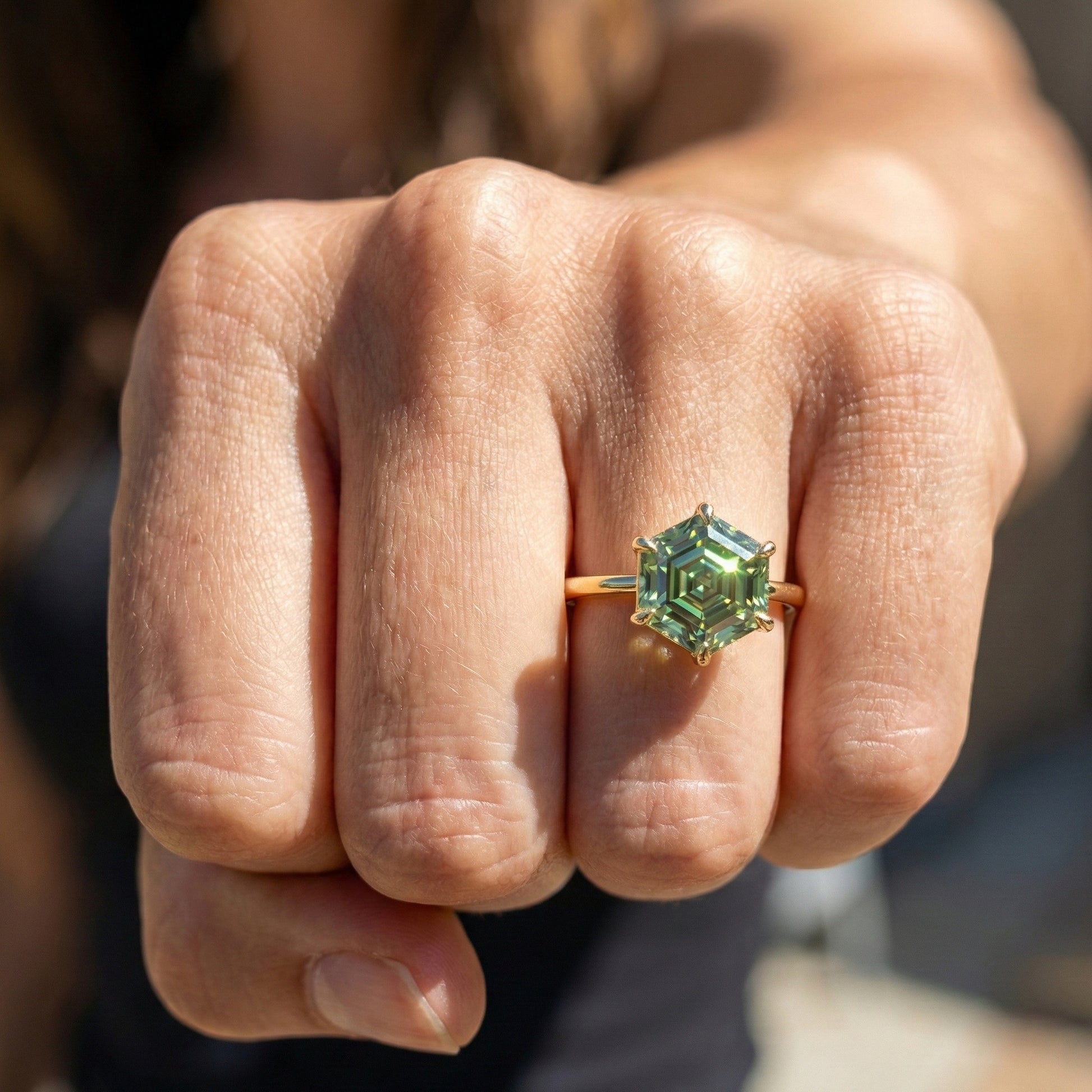 3.00 CT Modern Geometric Hexagon Green Emerald Gemstone Engagement Ring in Lab Diamond – 14K Solid Gold, Wedding Gift for Wife, Daily Wear