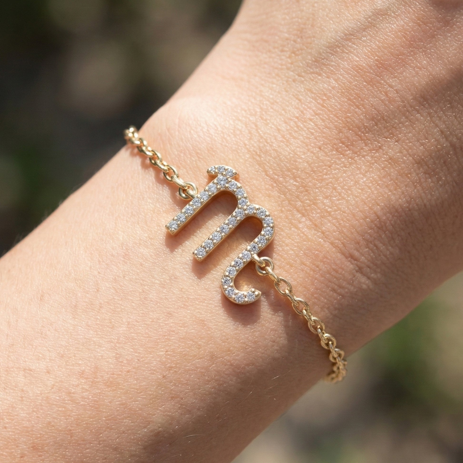 Minimalist Scorpio Symbol Bracelet in 14K Solid Gold, 0.31 TCW Round Cut Lab Created Diamonds, Personalized Astrology Birthday Gift for Her
