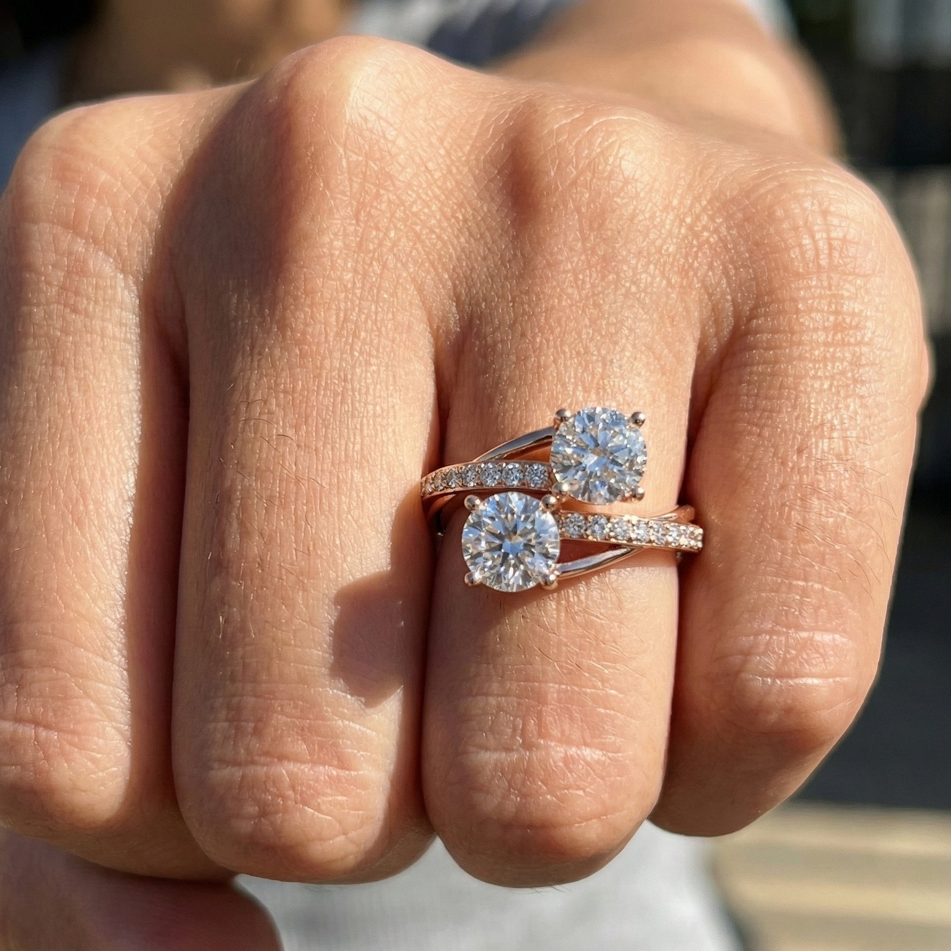 Twisted Pavé Double Stone Engagement Ring in 14K Solid Gold, Anniversary Gift for Wife, Modern Elegant Twisted Bypass Ring