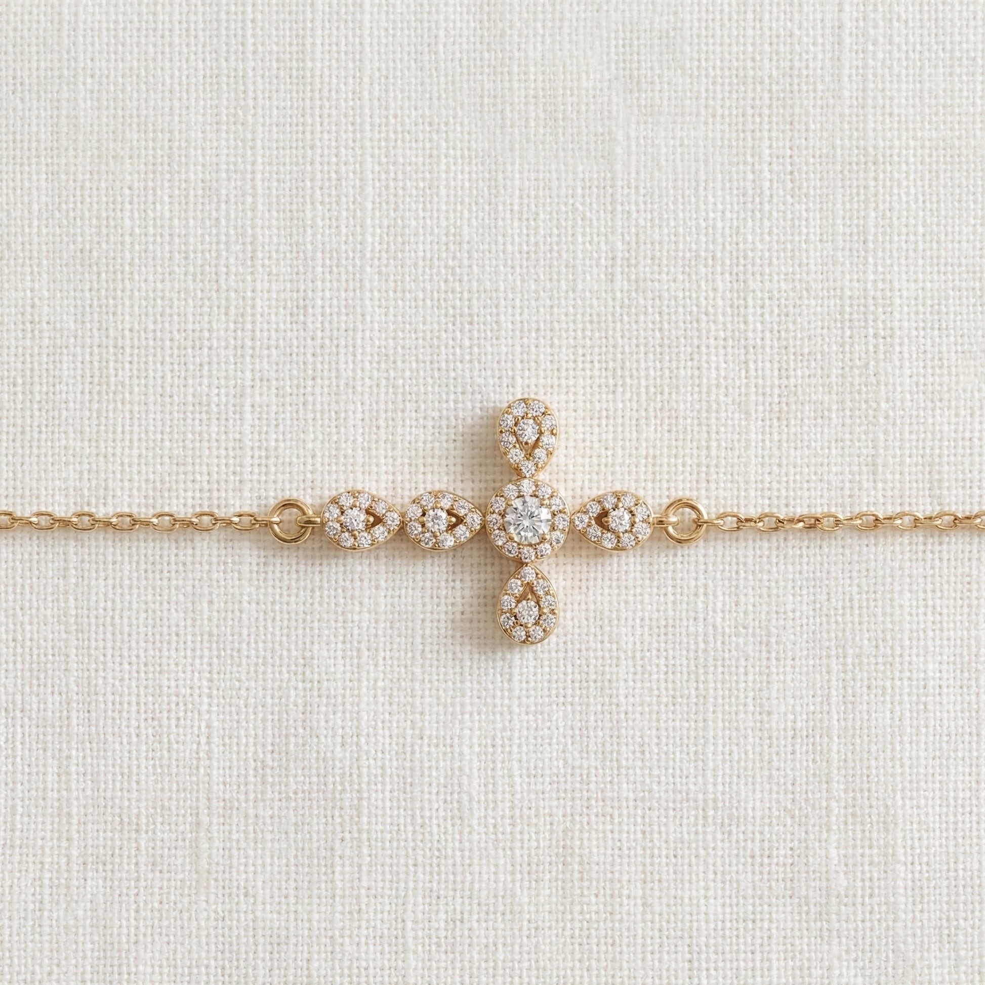 Dainty Cluster pear Halo cross Chain bracelet in 14K Solid Gold, 0.40 Round Cut Lab Created Diamonds, Vintage Gift for Her, Bridal Jewelry