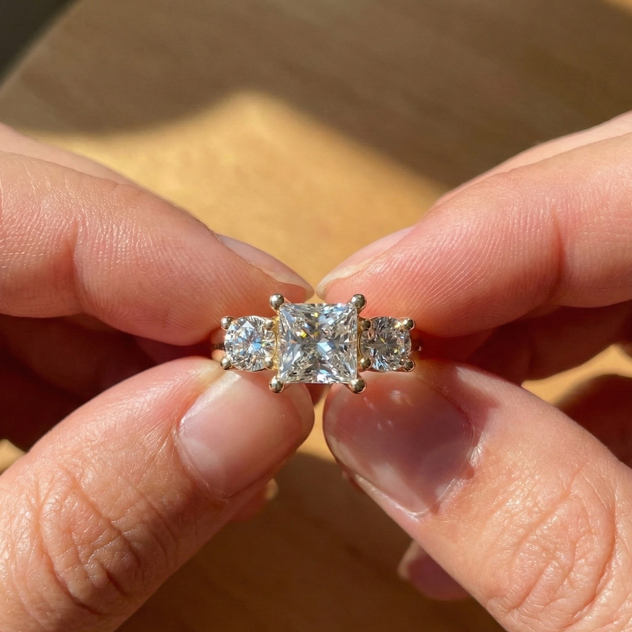 Princess and Round Trio Stone Engagement Ring in 18K Solid Gold, Handmade Jewelry Gift for Wife, Wedding Gift
