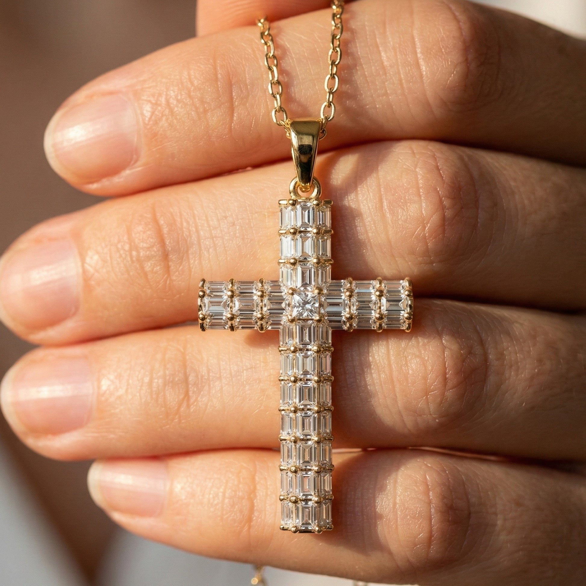 Geometric Baguette Cross Pendant in 14K Solid Gold, 1.98 TCW Baguette/Princess Cut Lab Created Diamonds, Statement Bridal Jewelry, Wedding Gift