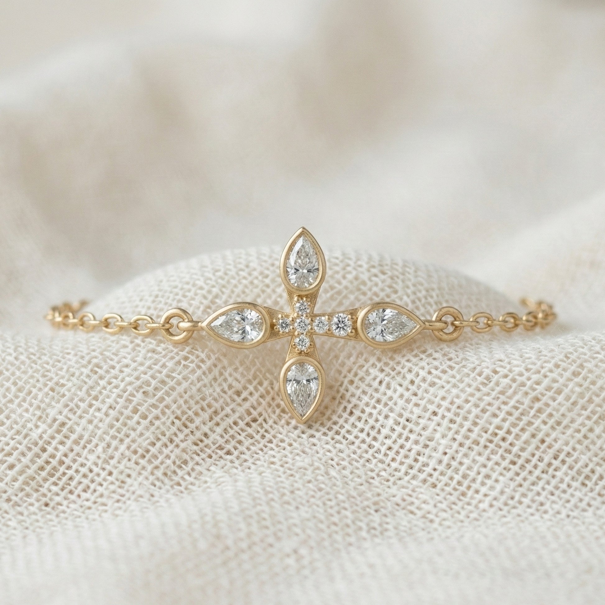 Dainty pear petal cross Chain bracelet in 14K Solid Gold, 0.60 Pear Cut Lab Created Diamonds, Everyday Bracelet, Religious Gift for Her