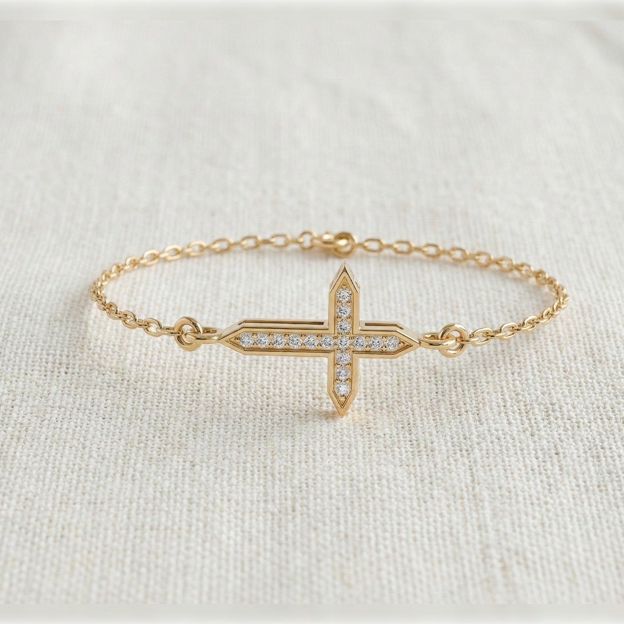 Dainty Arrow Tip Cross Chain Bracelet in 14K Solid Gold, 0.06 TCW Round Cut Lab Created Diamonds, Christian Bracelet, Christmas Gift for Her