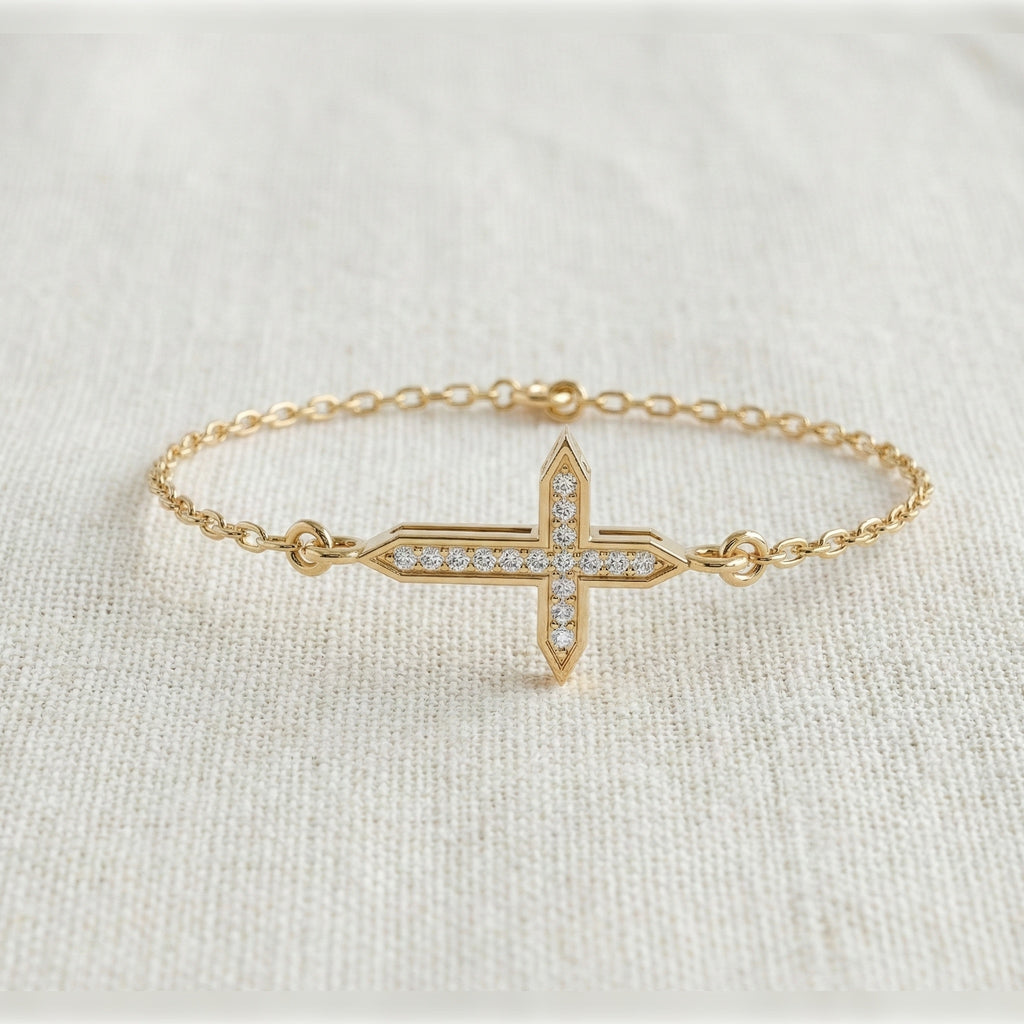 Dainty Arrow Tip Cross Chain Bracelet in 14K Solid Gold, 0.06 TCW Round Cut Lab Created Diamonds, Christian Bracelet, Christmas Gift for Her