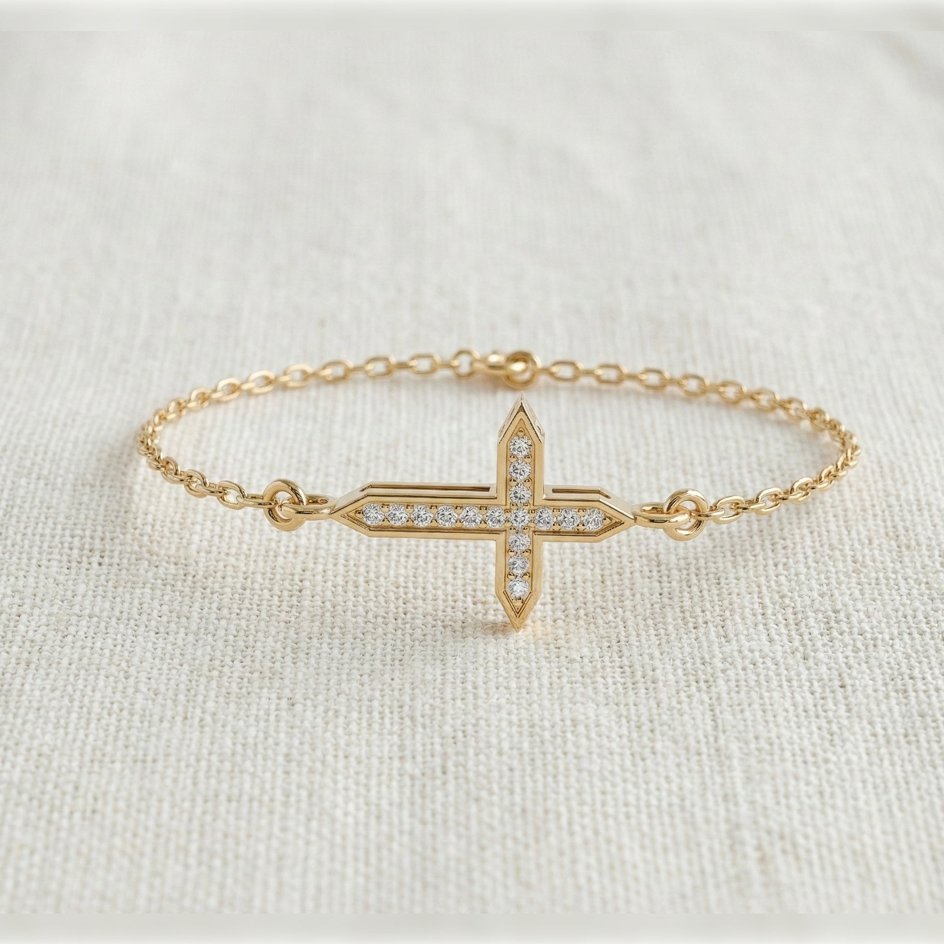 Dainty Arrow Tip Cross Chain Bracelet in 14K Solid Gold, 0.06 TCW Round Cut Lab Created Diamonds, Christian Bracelet, Christmas Gift for Her
