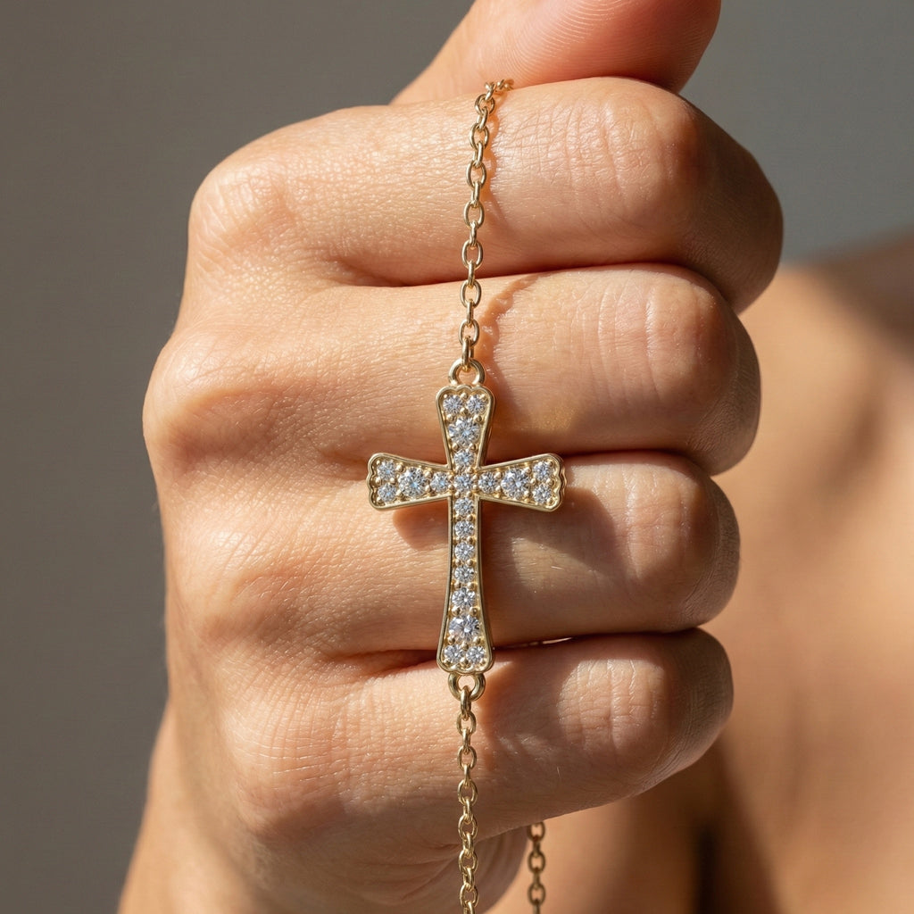 Tapered pavé cross Chain bracelet in 14K Solid Gold, 0.52 TCW Round Cut Lab Created Diamonds, Dainty Faith Bracelet, Wedding Gift for Her