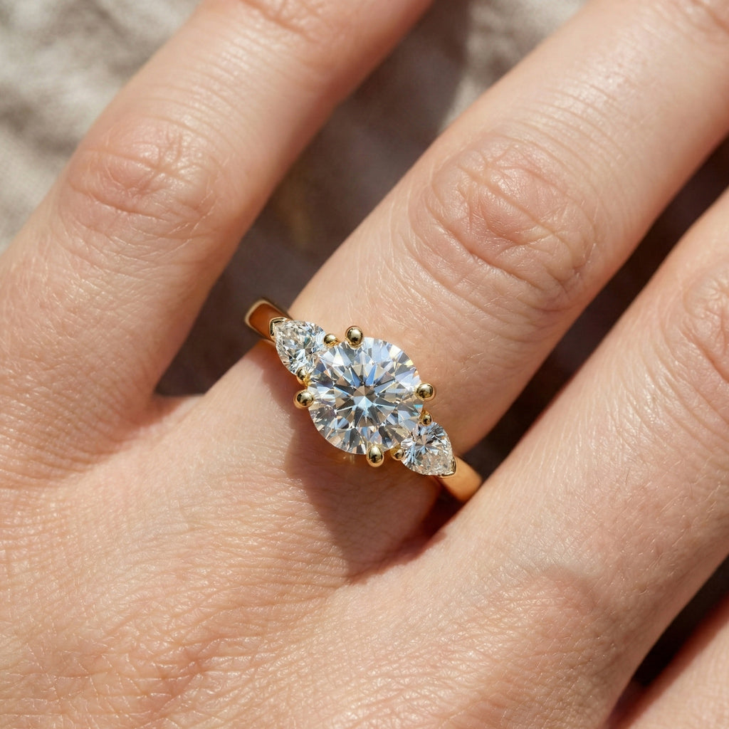 Elegant Three Stone Engagement Ring in 14K Yellow Gold, 1.05 TCW Pear/Round Cut Lab Grown Diamonds, Antique Simple Ring, Anniversary Gift For Her