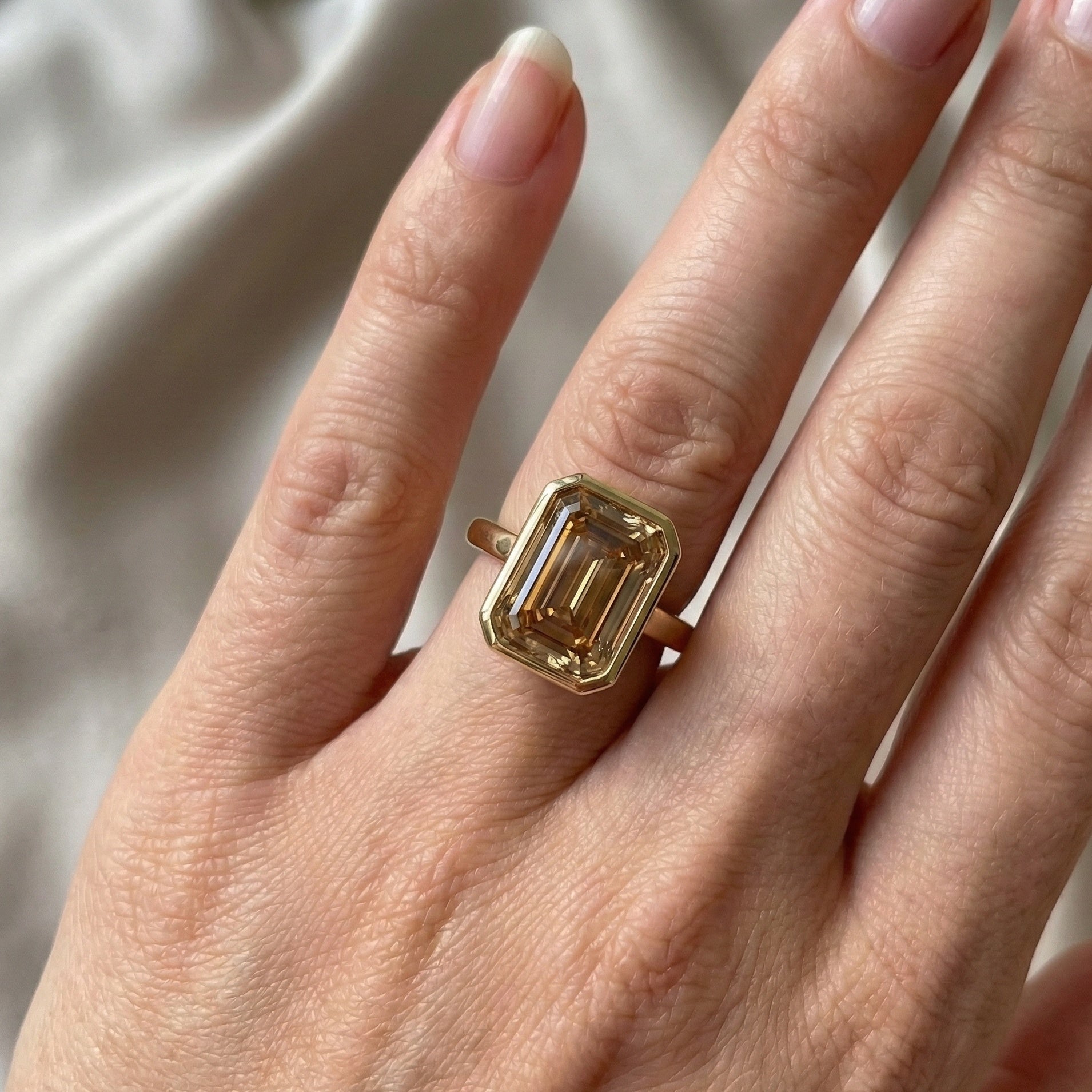 Minimal Bezel Set Champagne Gemstone Engagement Ring in 14K Solid Gold, 10.00 CT Emerald Cut Lab Gemstone, Anniversary Gift for Wife, Handmade Jewelry