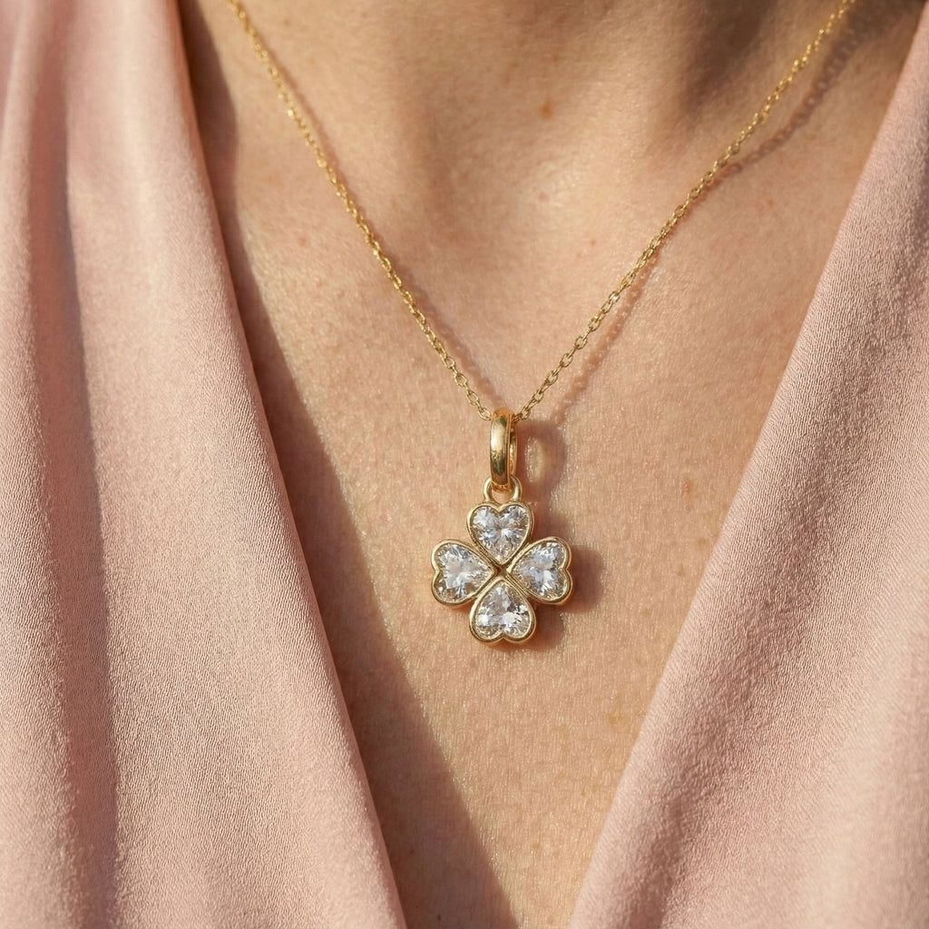 Romantic Heart Clover Floral Pendant in 14K Solid Gold, 2.00 TCW Heart Cut Lab Grown Diamonds, Everyday Gift for Her, Bridal Jewelry