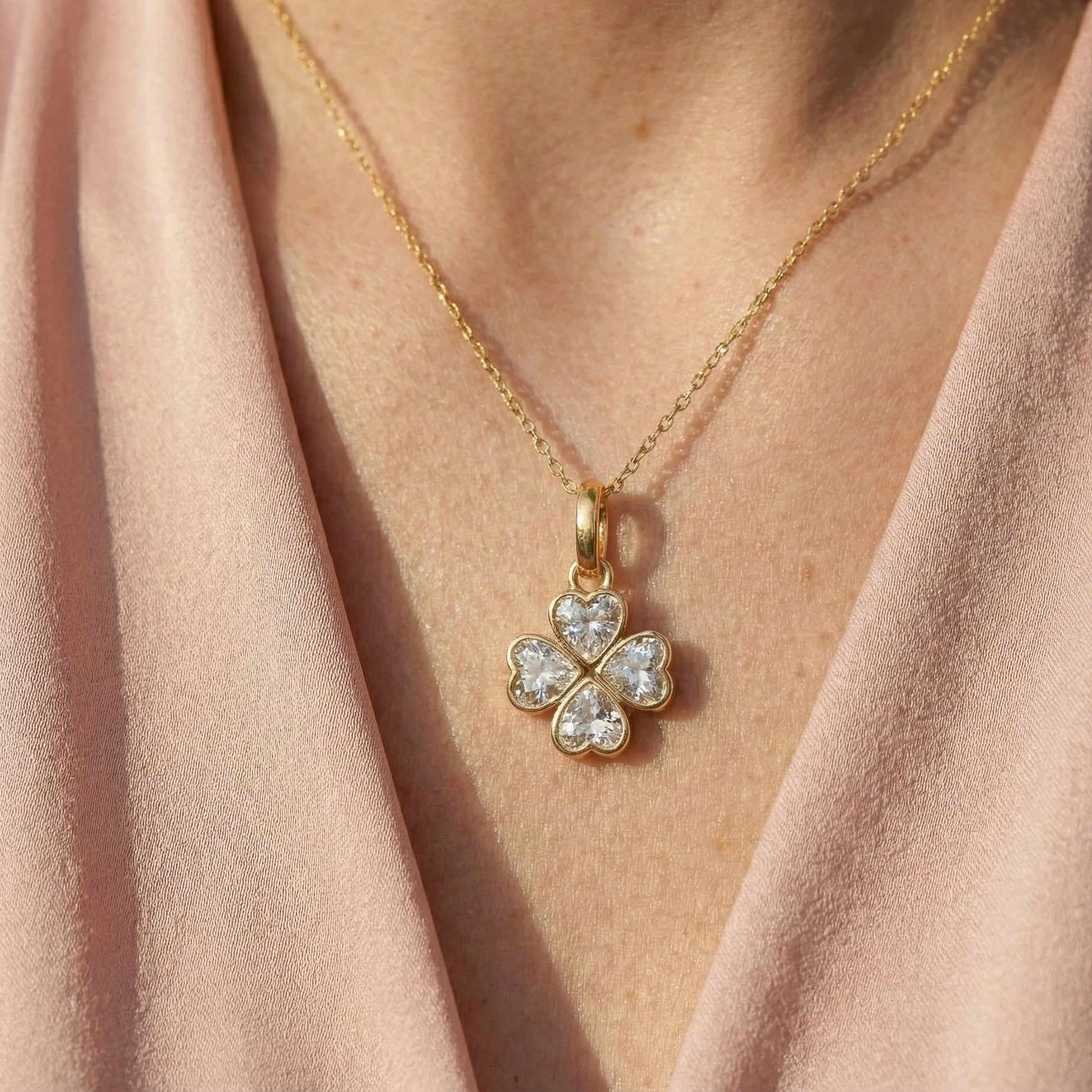 Romantic Heart Clover Floral Pendant in 14K Solid Gold, 2.00 TCW Heart Cut Lab Grown Diamonds, Everyday Gift for Her, Bridal Jewelry