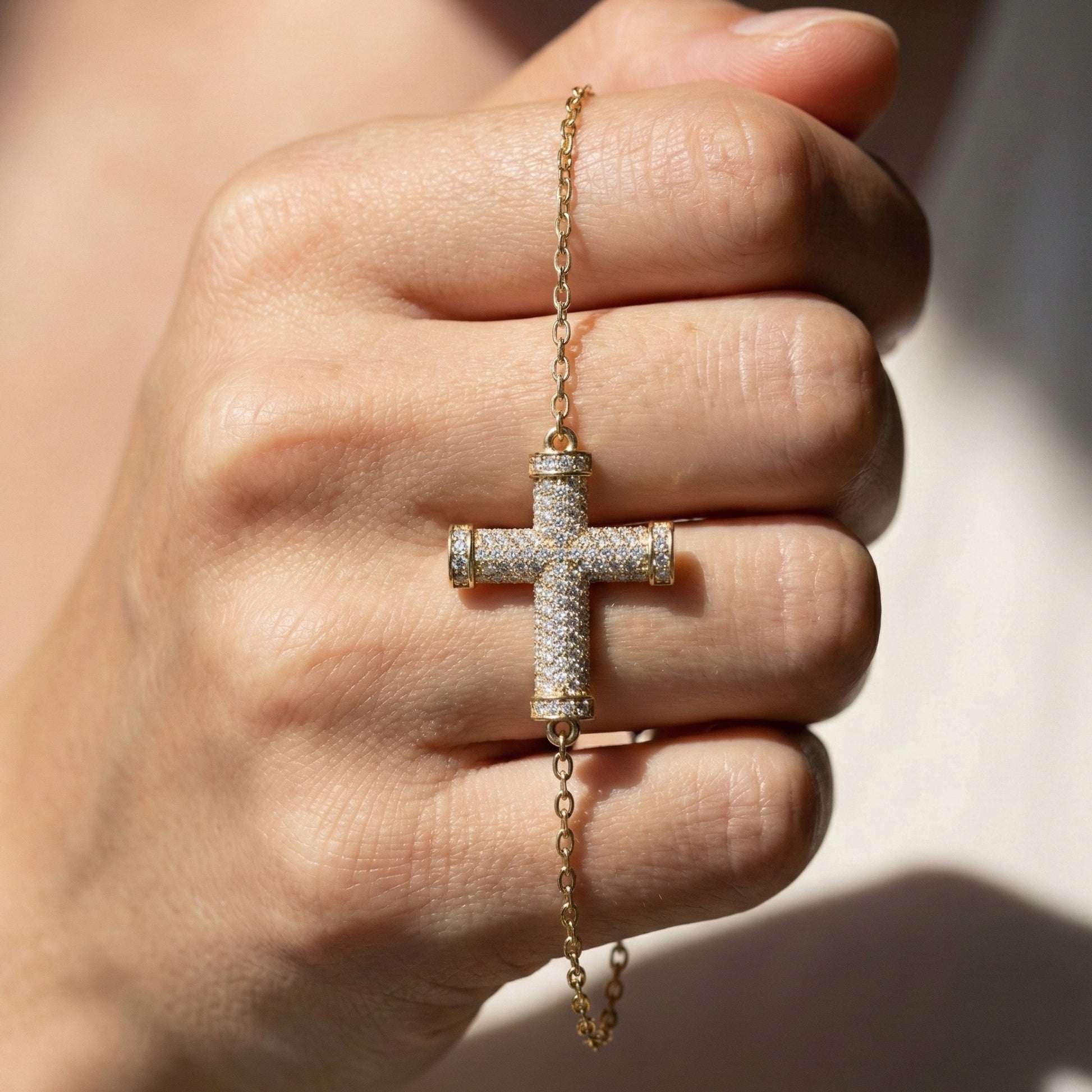 Statement Pavé Cross Design Bracelet in 14K Solid Gold, 0.58 TCW Round Cut Lab Grown Diamonds, Handmade Chain Bracelet, Anniversary Gift for Her