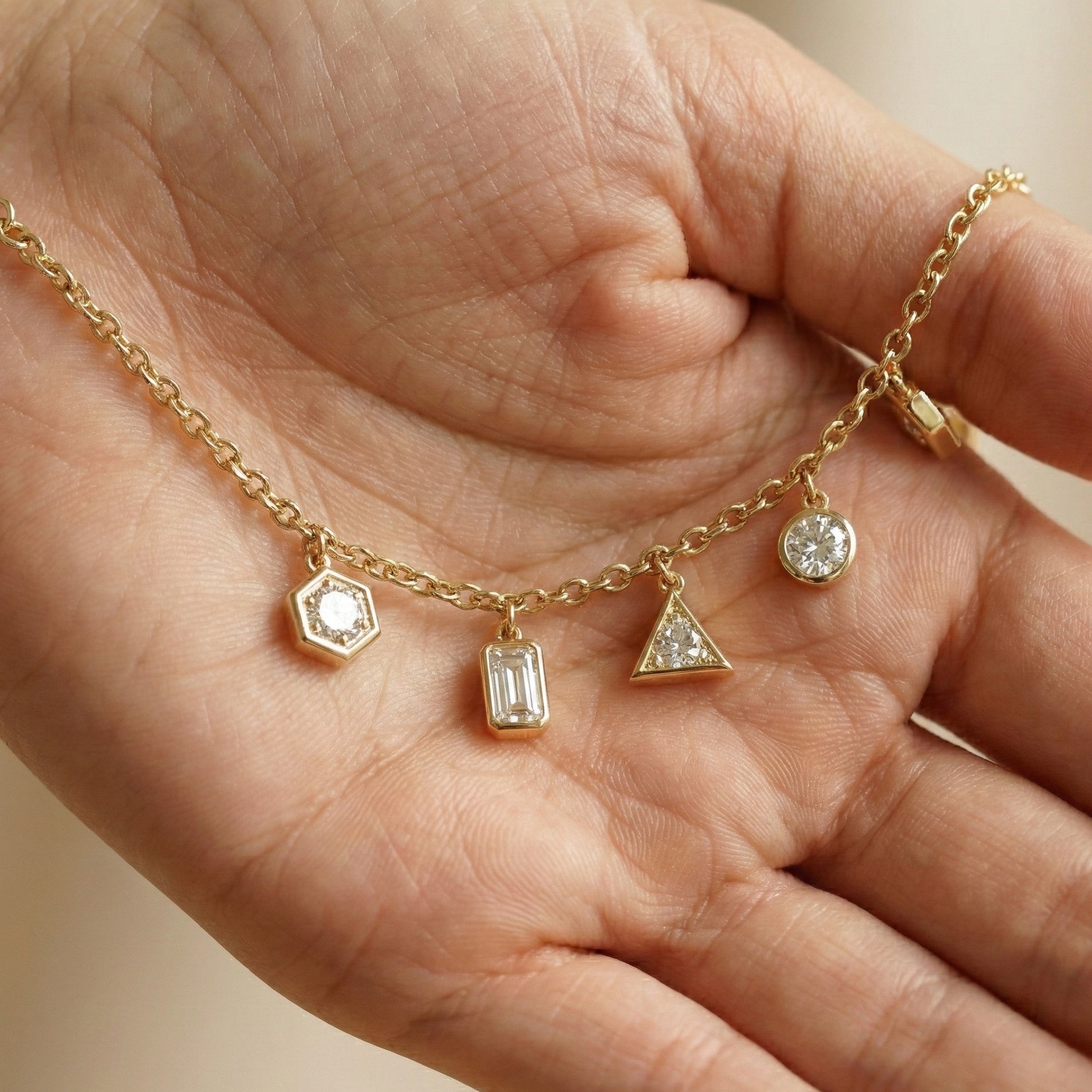 Geometric Crystal Charm Drop Chain Bracelet in 14K Solid Gold, 1.70 TCW Multi Shaped Lab Grown Diamonds, Unique Dainty Bracelet, Wedding Gift for Her, Minimalist Bracelet