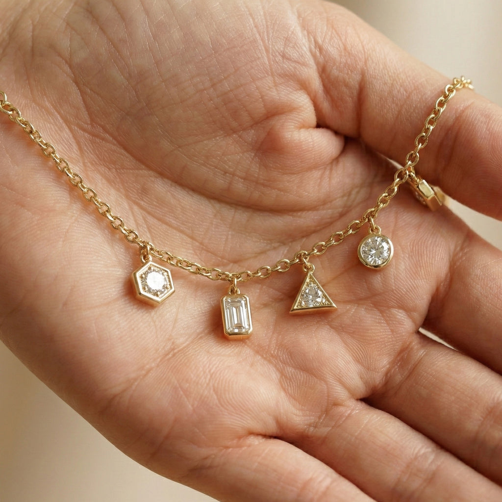 Geometric Crystal Charm Drop Chain Bracelet in 14K Solid Gold, 1.70 TCW Multi Shaped Lab Grown Diamonds, Unique Dainty Bracelet, Wedding Gift for Her, Minimalist Bracelet