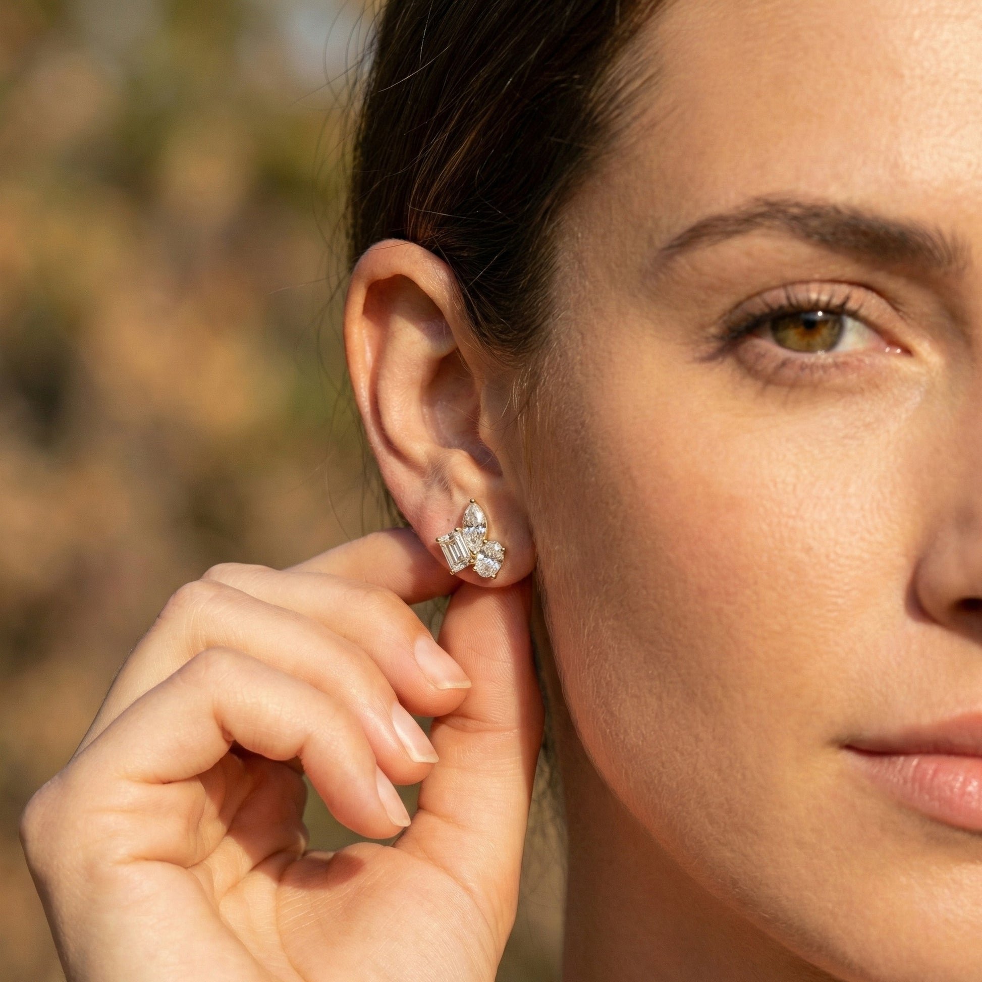 Three Stone Cluster Wedding Earrings in 14k Solid Gold, 3.00 TCW Marquise/Oval/Emerald Cut Lab Grown Diamonds, Trio Stud Earrings For Women, Anniversary Gift