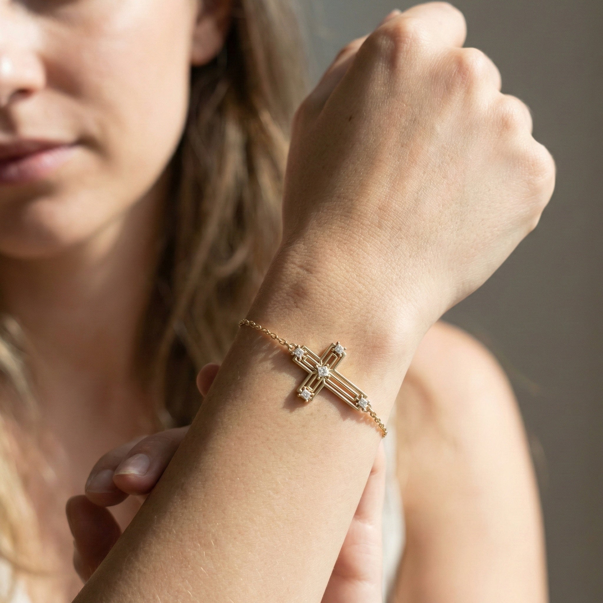 Open Work Cross Chain Bracelet in 14K Solid Gold, 0.32 TCW Princess Cut Lab Created Diamonds, Faith Jewelry, Anniversary Gift for Her, Everyday Bracelet