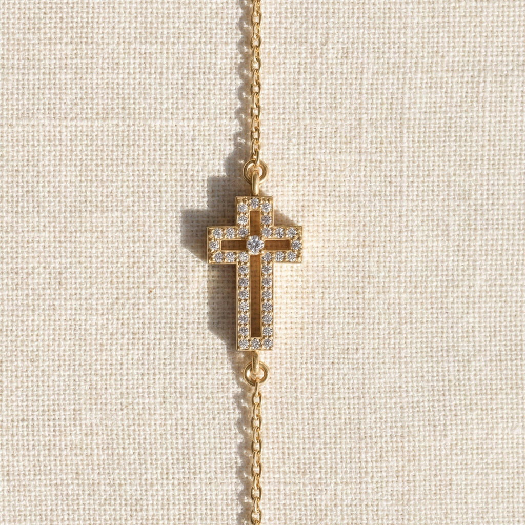 Dainty open cross bar Chain bracelet in 14K Solid Gold, 0.15 TCW Round Cut Lab Created Diamonds, Minimalist Bracelet, Wedding Gift for Her