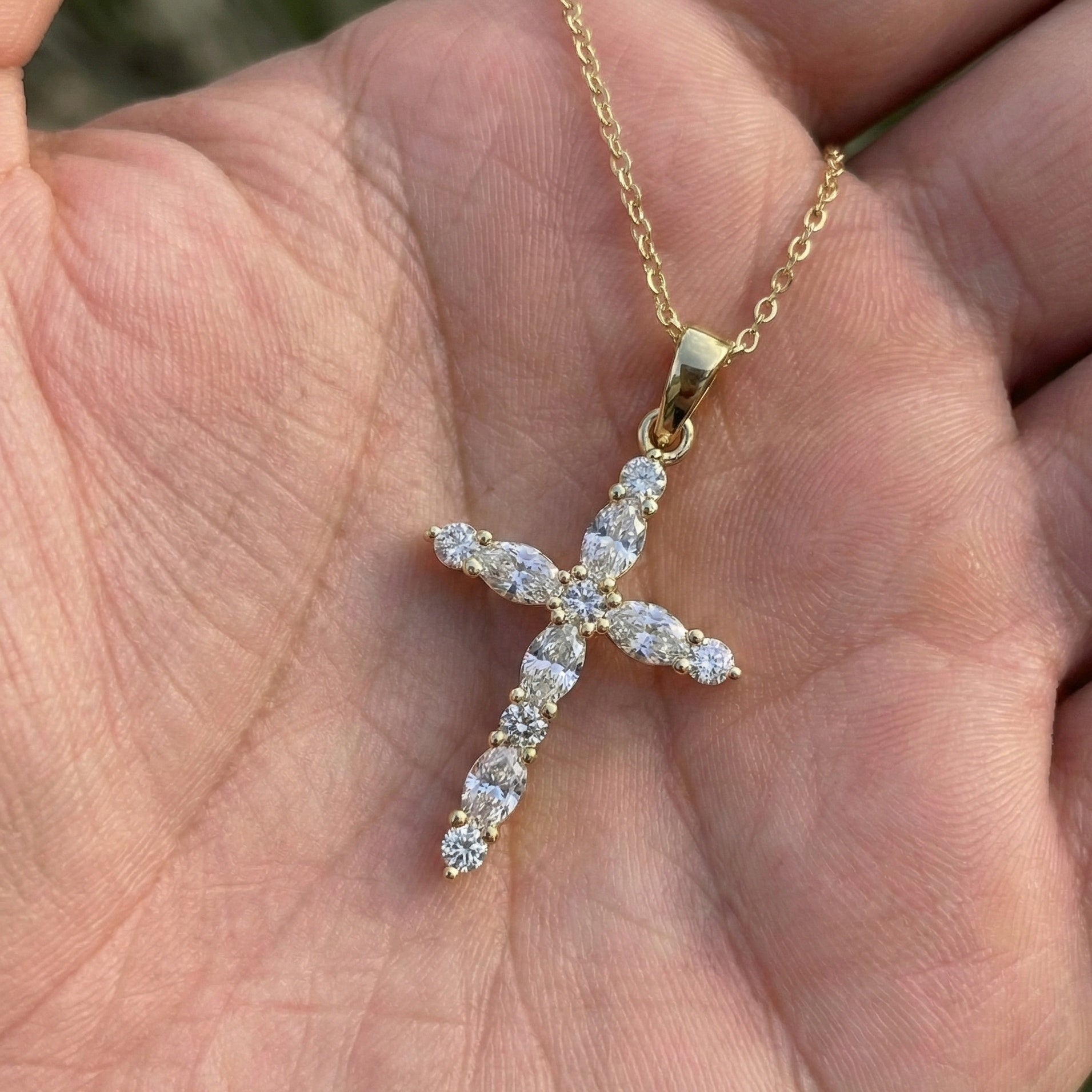 Petite Cluster Cross Pendant in 14k Solid Gold, 1.07 TCW Oval/Round Cut Lab Grown Diamonds, Birthday Jewelry, Gift For Her