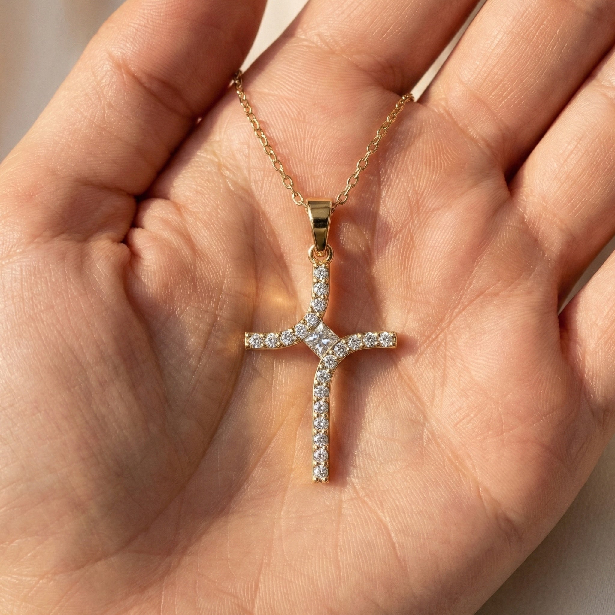 Artisan Angled Cross Pendant in 14K Solid Gold, 0.30 TCW Princess/Round Cut Lab Created Daimonds, Bridal Jewelry, Everyday Gift