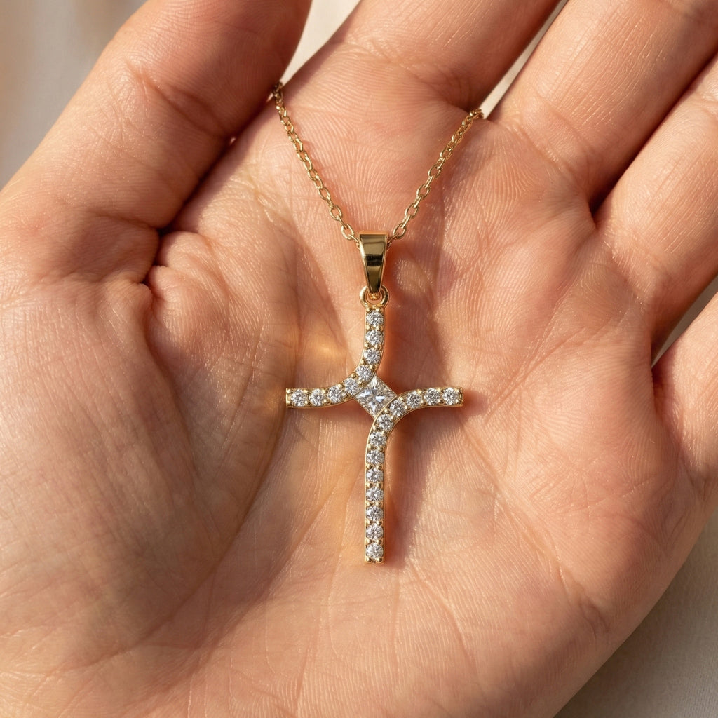 Artisan Angled Cross Pendant in 14K Solid Gold, 0.30 TCW Princess/Round Cut Lab Created Daimonds, Bridal Jewelry, Everyday Gift