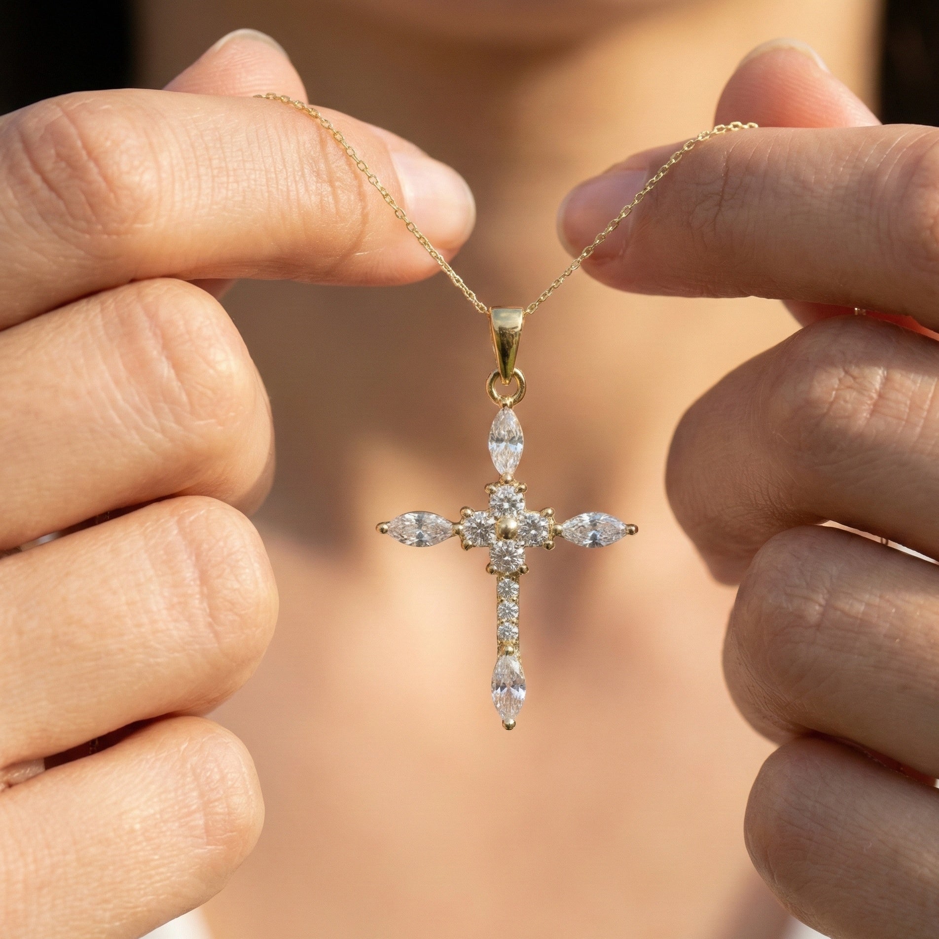 Floral Marquise Cluster Cross Pendant in 14k Solid Gold, 0.71 TCW Marquise/Round Cut Lab Diamonds ,Faith Pendant, Bridal Jewelry, Gift for Women