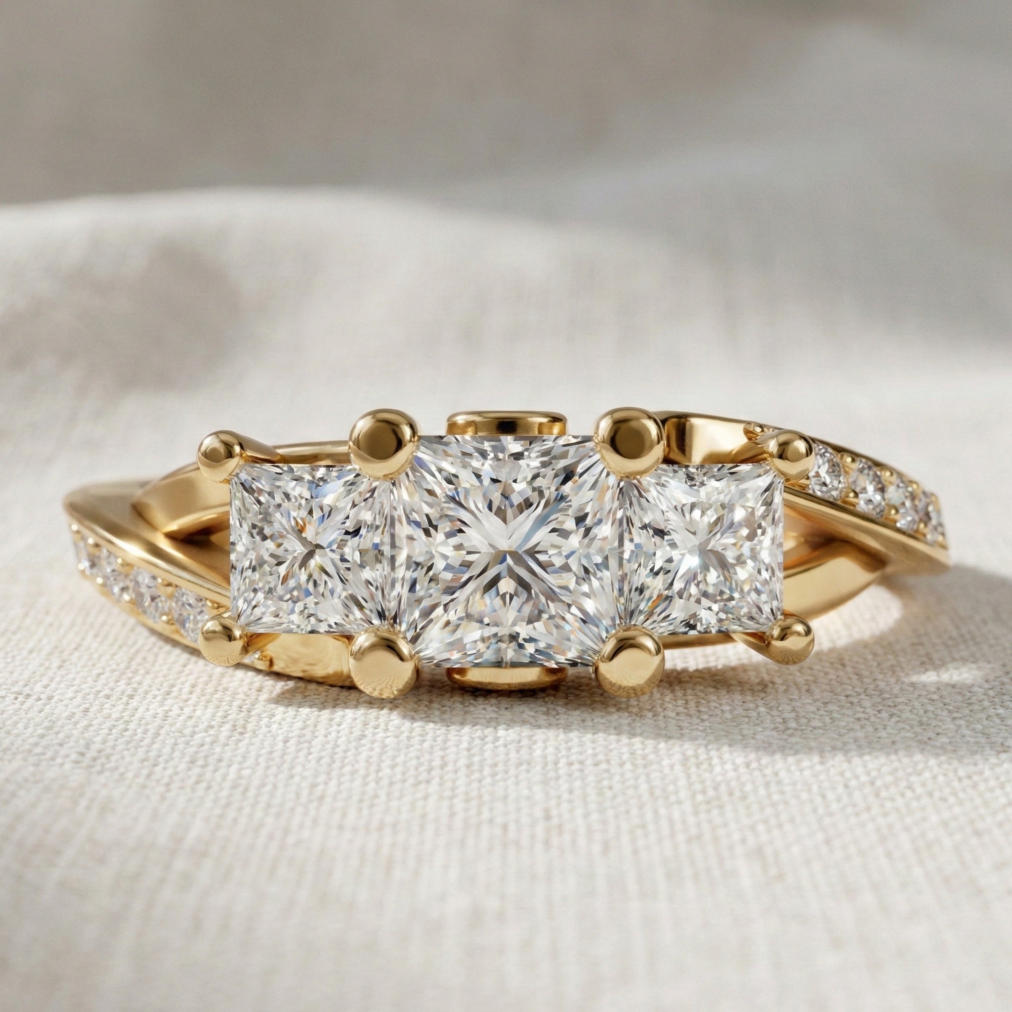 Three-Stone Princess Cut Bypass Pave Engagement Ring in 14K Solid Gold, 0.75 TCW Princess Cut Lab Grown Diamonds, Birthday Gift for Wife