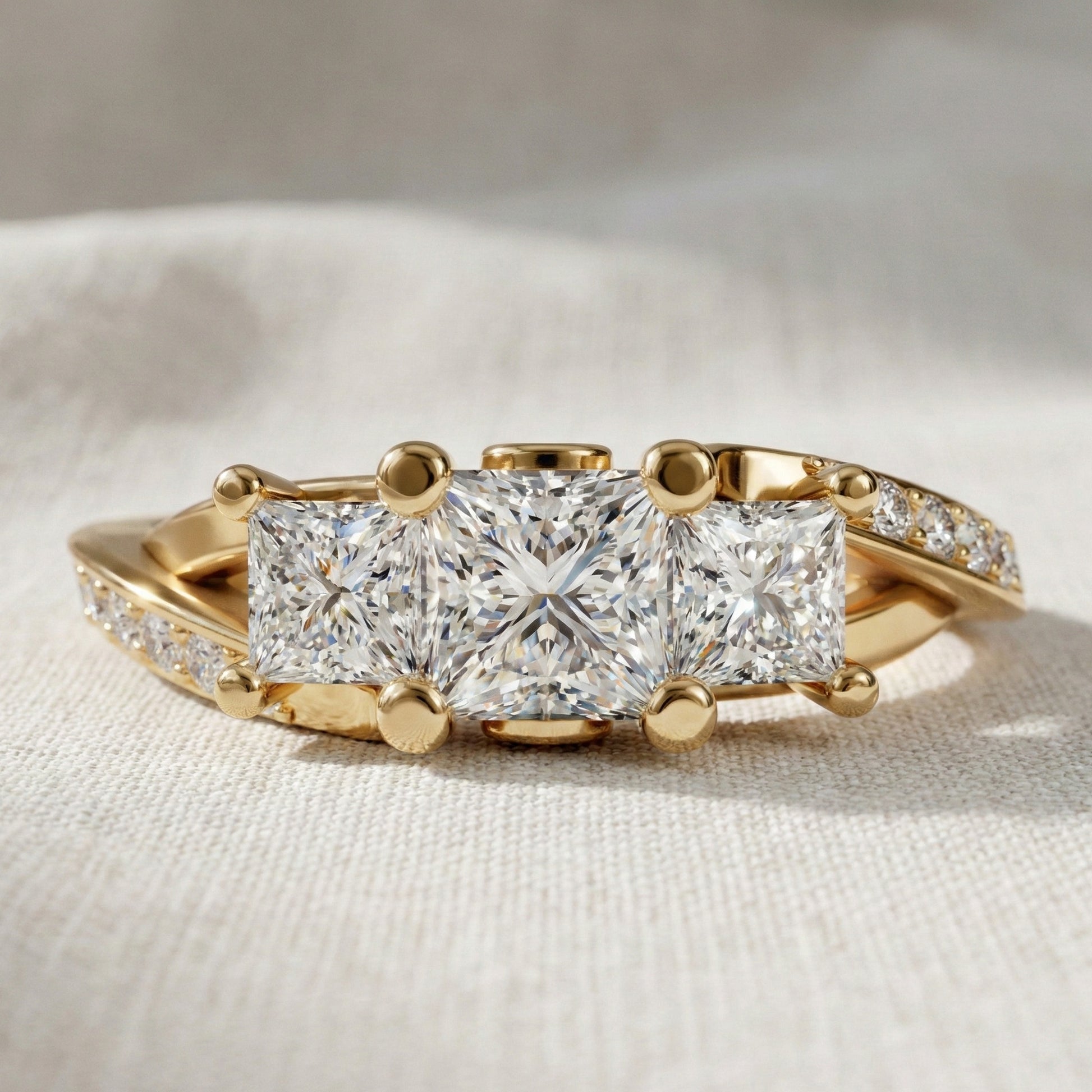 Three-Stone Princess Cut Bypass Pave Engagement Ring in 14K Solid Gold, 0.75 TCW Princess Cut Lab Grown Diamonds, Birthday Gift for Wife