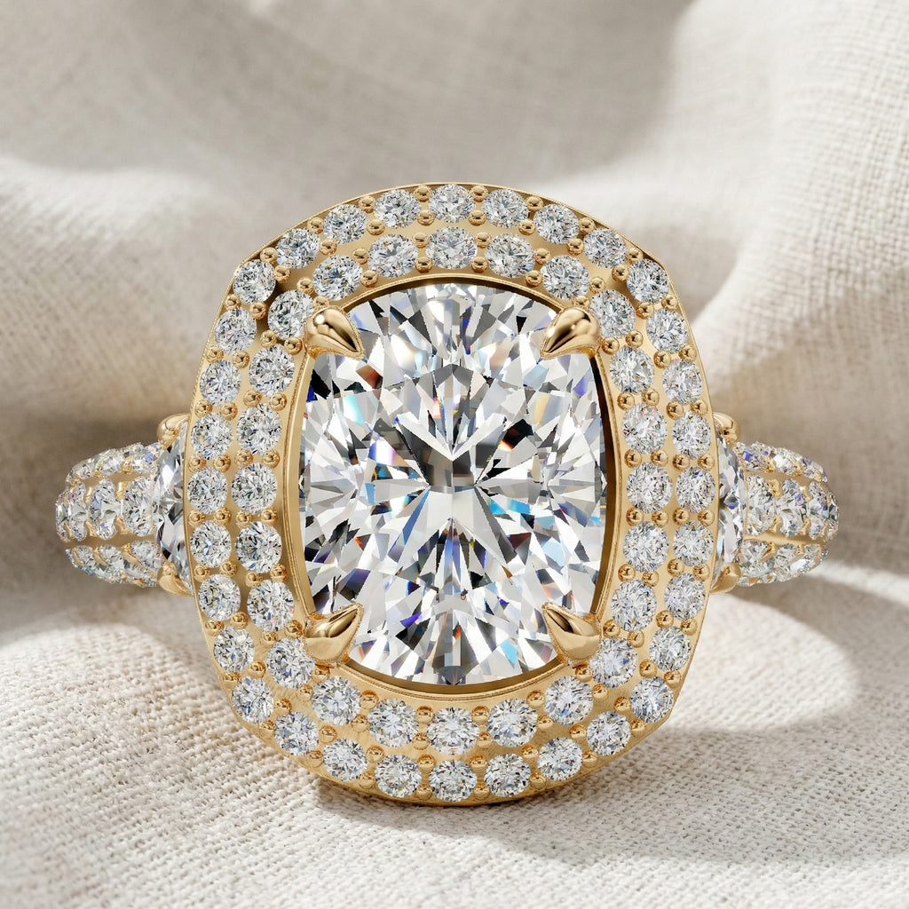 Elegant Double Halo Pave Engagement Ring in 14k Solid Gold, 1.75 CT Cushion Cut Lab Created Diamond, Anniversary Gift For Wife, Party Wear Jewelry