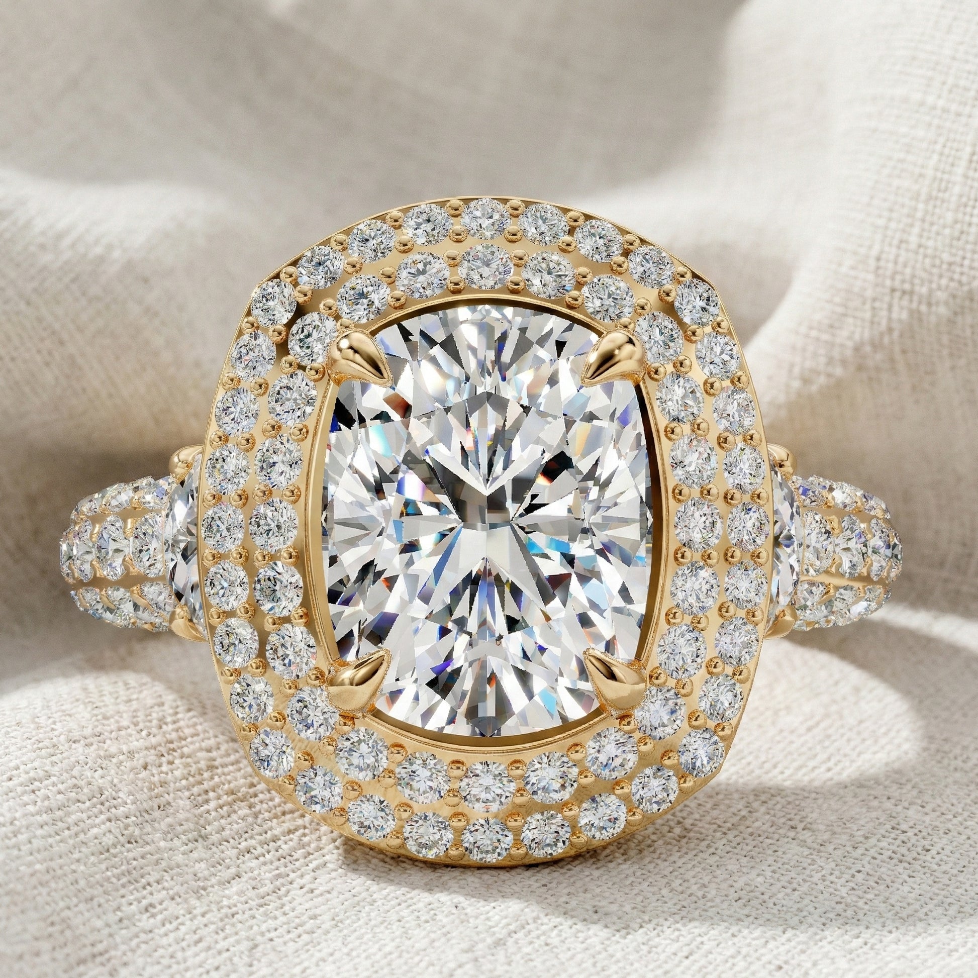 Elegant Double Halo Pave Engagement Ring in 14k Solid Gold, 1.75 CT Cushion Cut Lab Created Diamond, Anniversary Gift For Wife, Party Wear Jewelry