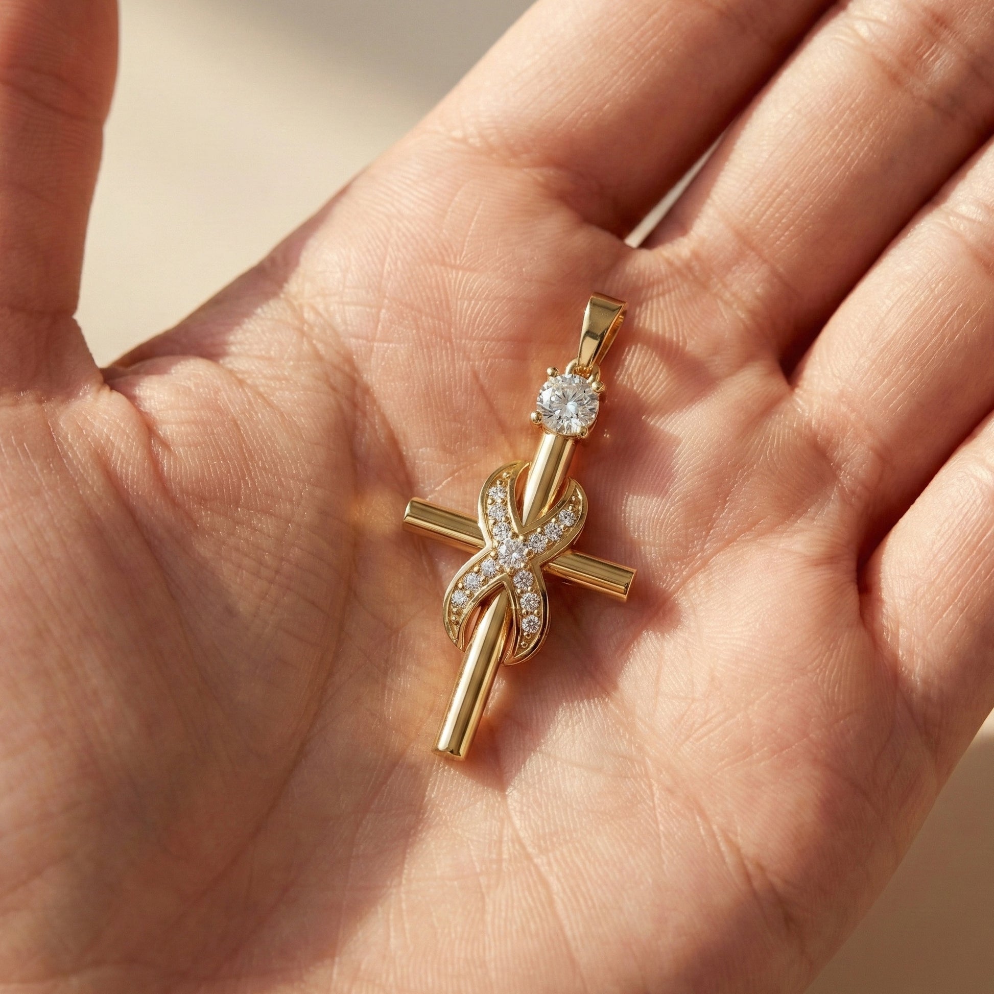 Classic Infinity Accent Cross Pendant in 14K Solid Gold, 0.44 TCW Round Cut Lab Diamonds, Gift for Her, Spiritual Jewelry