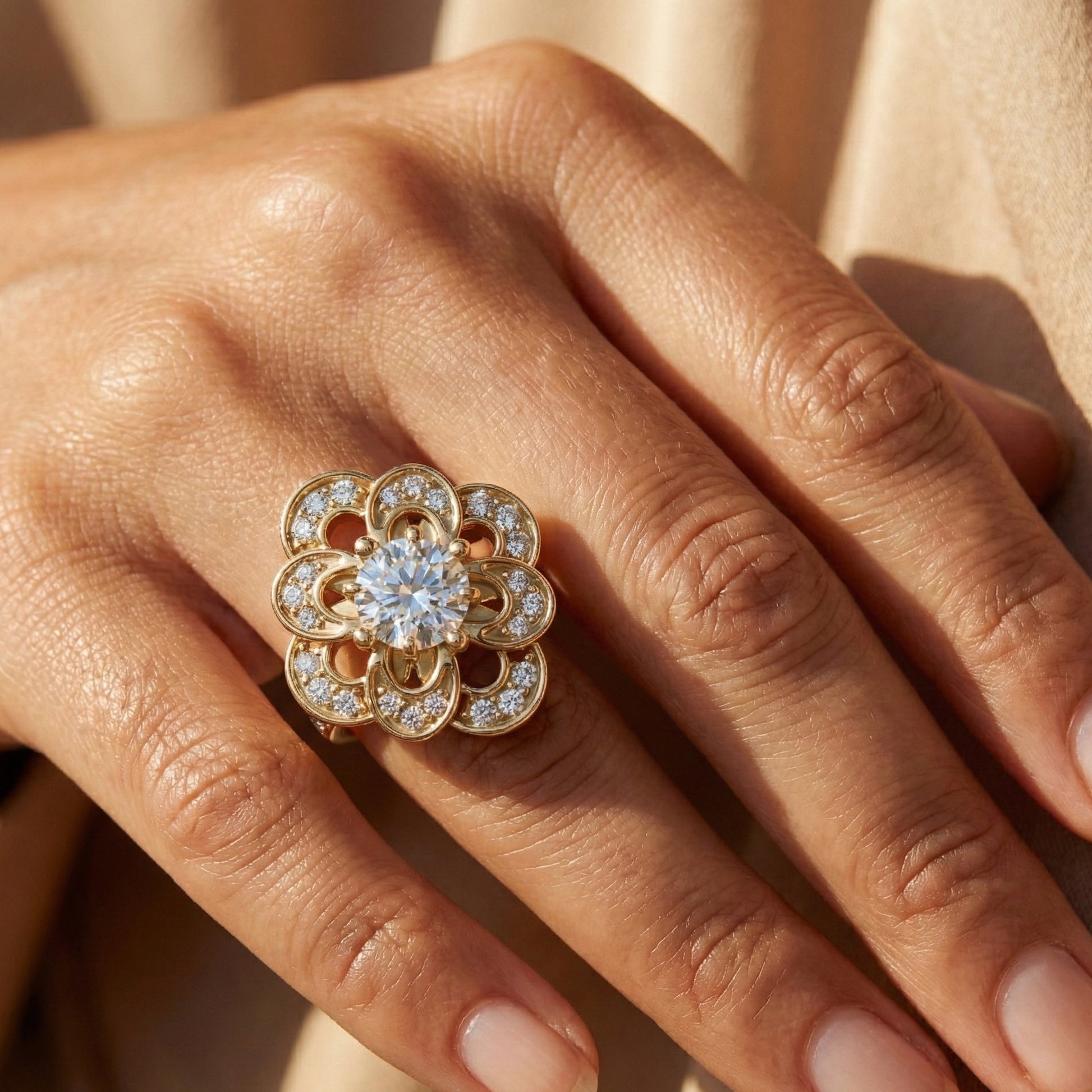 Floral Romantic Bloom Halo Unique Engagement Ring in Solid 14k Gold, Bridal Gift for Wife, Elegant Cluster Anniversary Ring