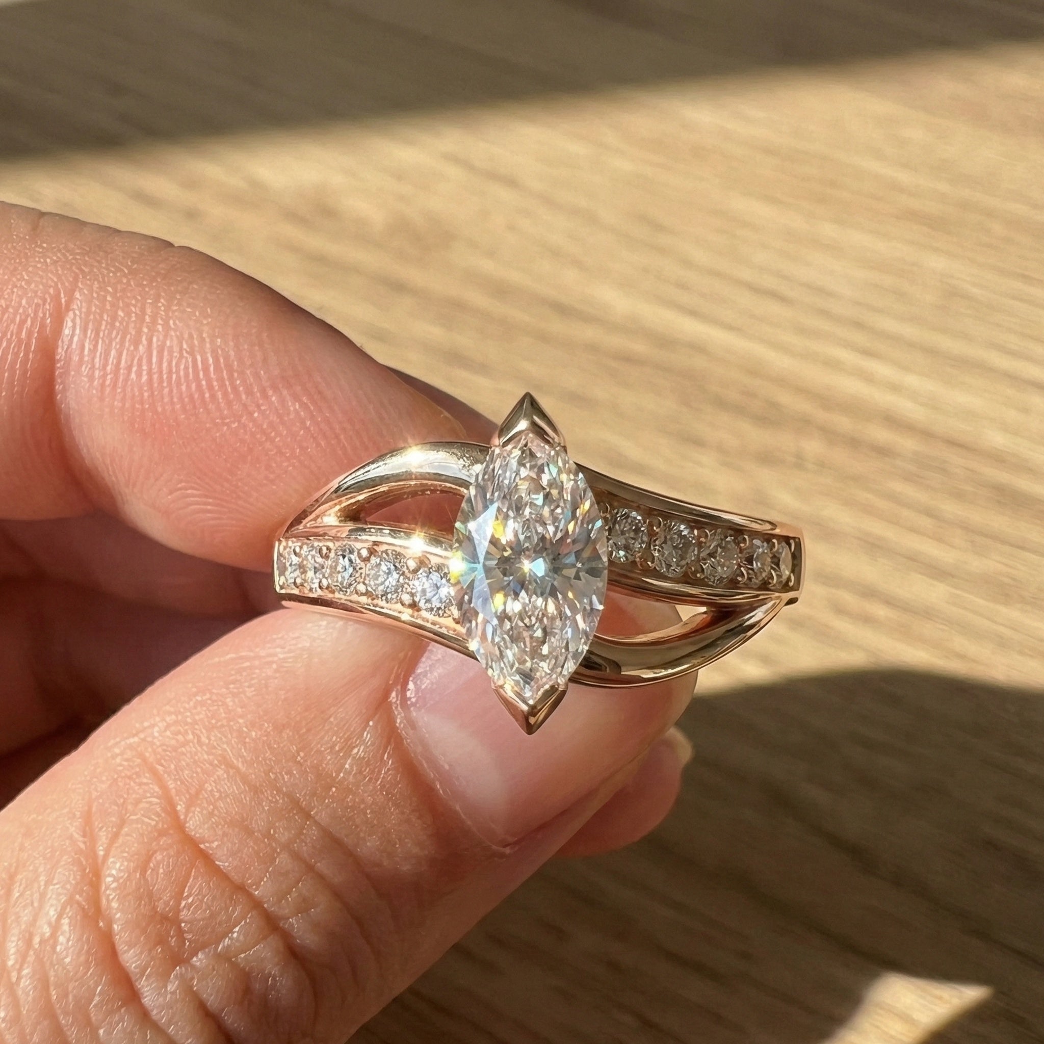 Marquise Split Shank Pave Engagement Ring in 14k Solid Gold, 0.43 TCW Marquise/Round Cut Sculpted Twist Unique Ring, Everyday Gift for Women