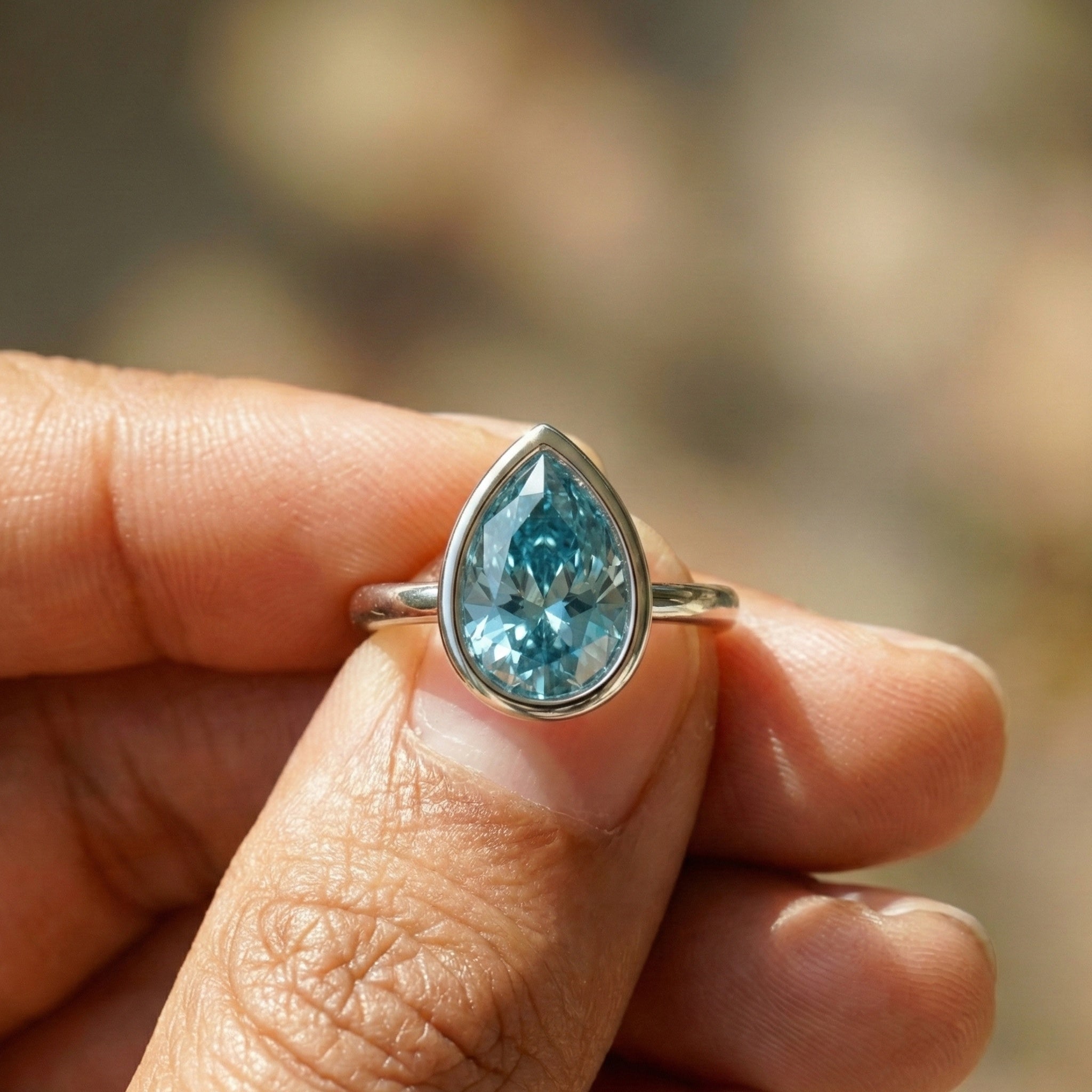 Cyan Blue Teardrop Bezel Set Solitaire Engagement Ring in 14K Solid Gold, 5.00 CT Pear Cut Moissanite, Birthday Gift For Wife,  Daily Wear Jewelry