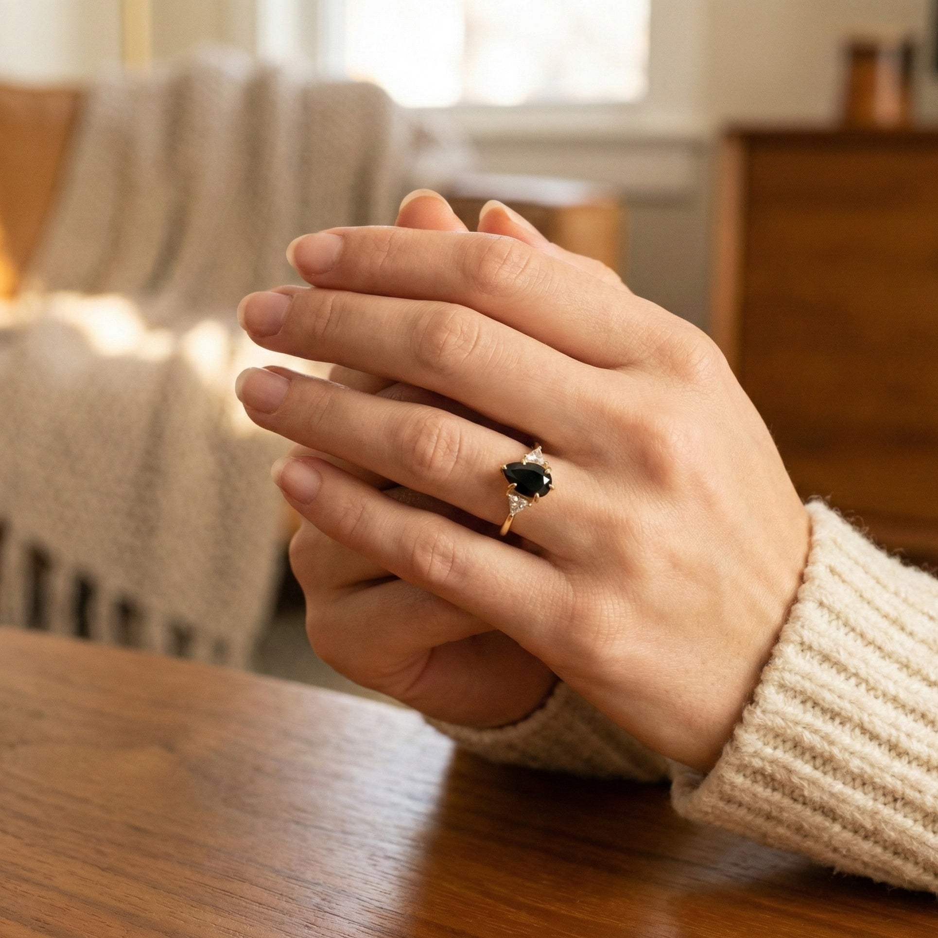 Modern Black Pear Cut Trillion Side Stone Trilogy Engagement Ring in 14K Solid Gold, 1.00 CT Pear Cut Black Gemstone, Handmade Bridal Jewelry