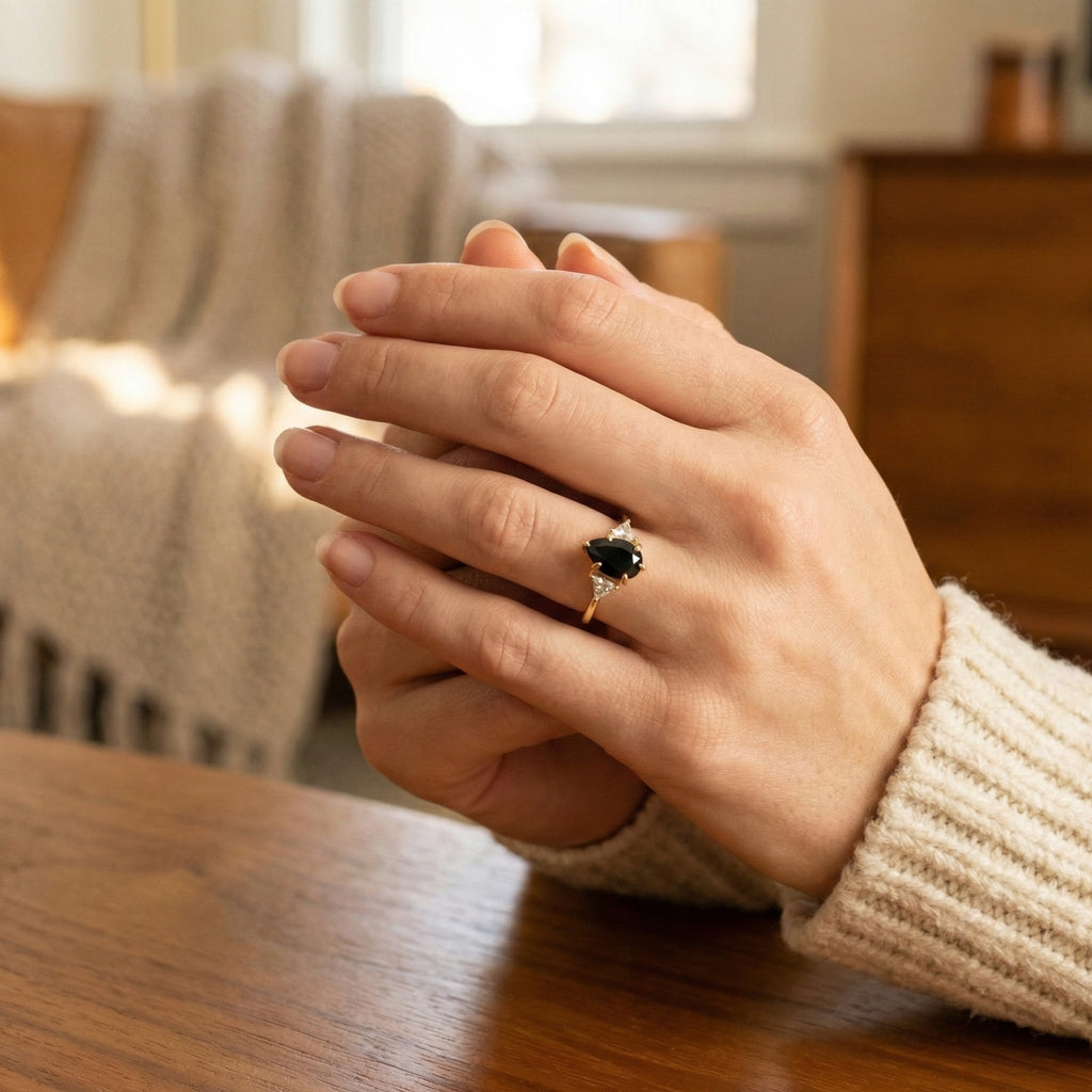 Modern Black Pear Cut Trillion Side Stone Trilogy Engagement Ring in 14K Solid Gold, 1.00 CT Pear Cut Black Gemstone, Handmade Bridal Jewelry