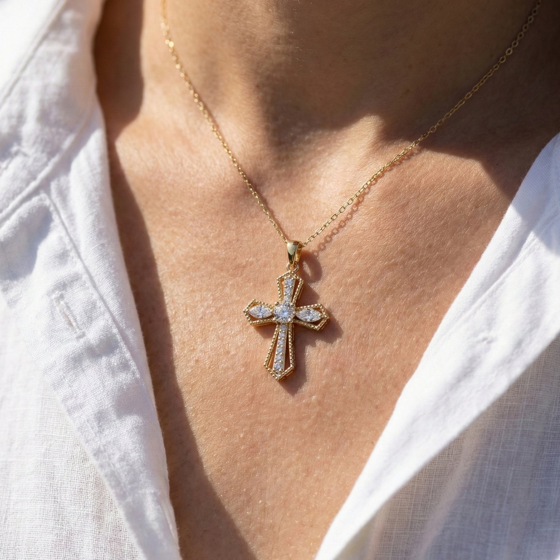 Elegant Milgrain Cross Pendant in 14K Solid Gold, 0.99 TCW Marquise/Round Cut Lab Created Diamonds, Faith Jewelry, Baptism Gift