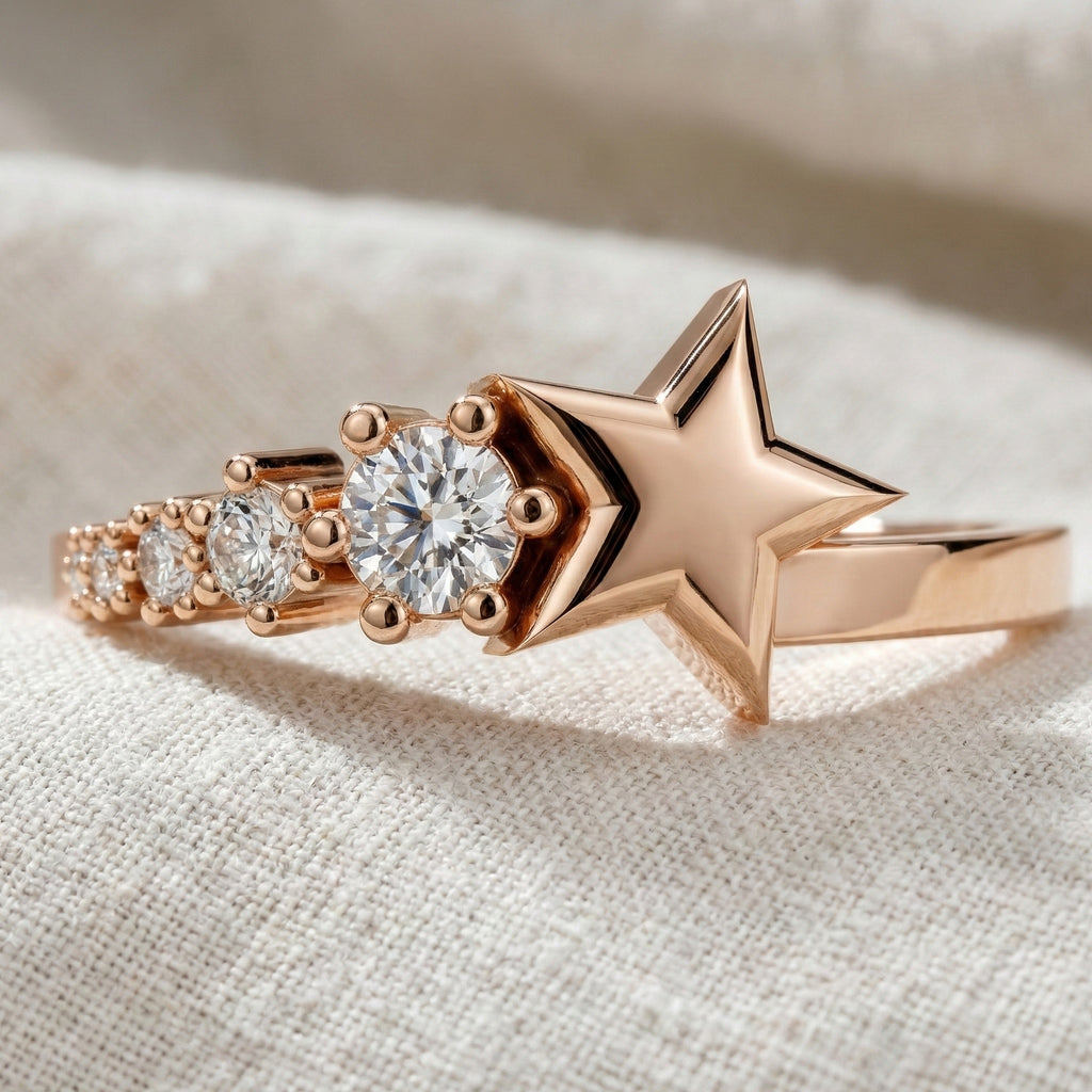 Dainty Five Star Antique Engagement Ring in 14K Solid Gold, 0.16 TCW Round Cut Lab Created Diamonds, Minimalist Promise Ring, Fashion Jewelry