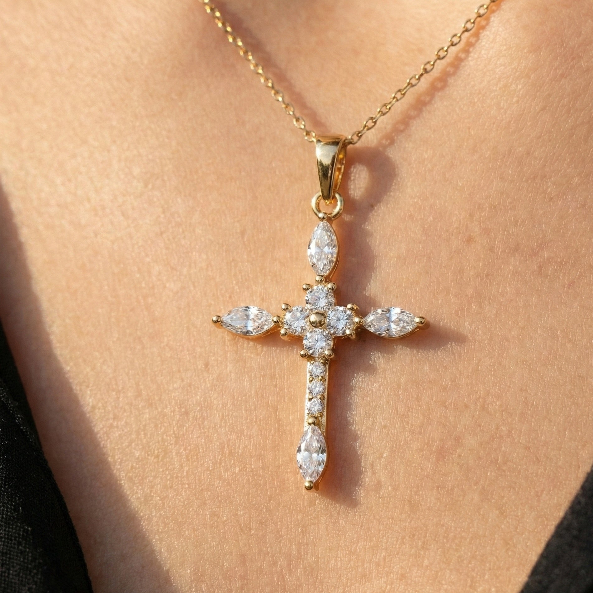 Floral Marquise Cluster Cross Pendant in 14k Solid Gold, 0.71 TCW Marquise/Round Cut Lab Diamonds ,Faith Pendant, Bridal Jewelry, Gift for Women