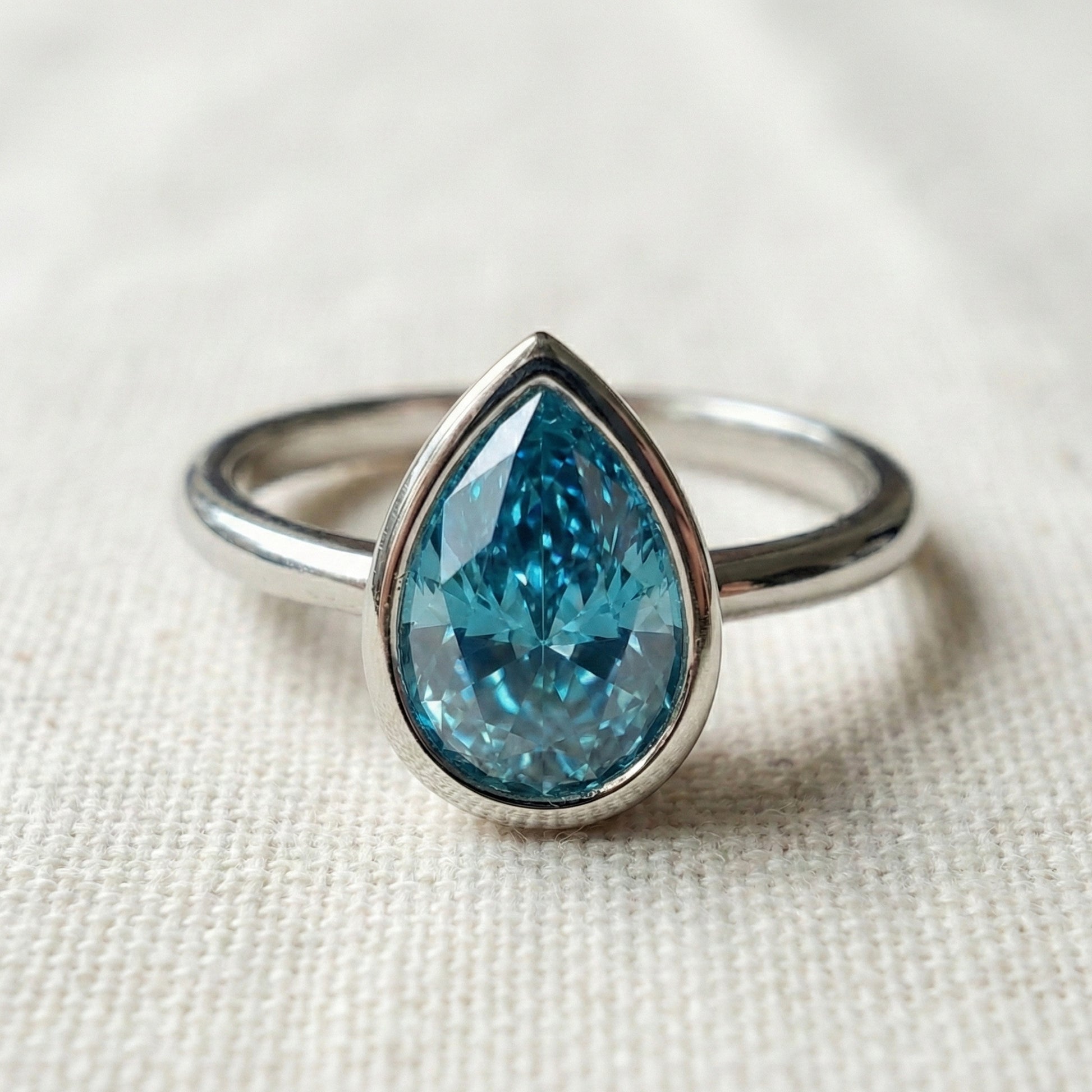 Cyan Blue Teardrop Bezel Set Solitaire Engagement Ring in 14K Solid Gold, 5.00 CT Pear Cut Moissanite, Birthday Gift For Wife,  Daily Wear Jewelry